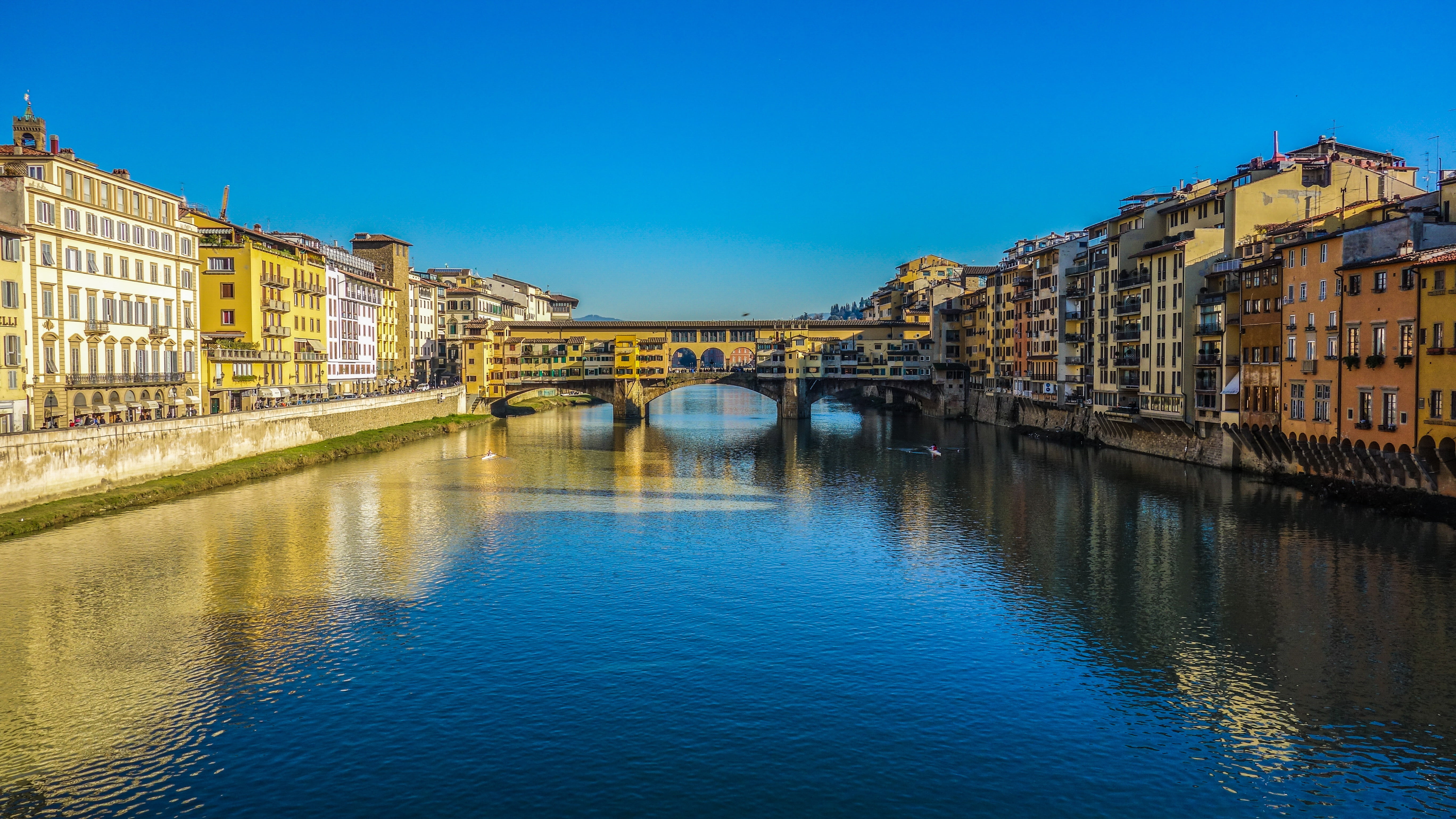 mirror image, 5K, architecture, ponte vecchio, river, arch bridge, outdoors, art, city, residential district, clear sky, building exterior, built structure, HD Wallpaper