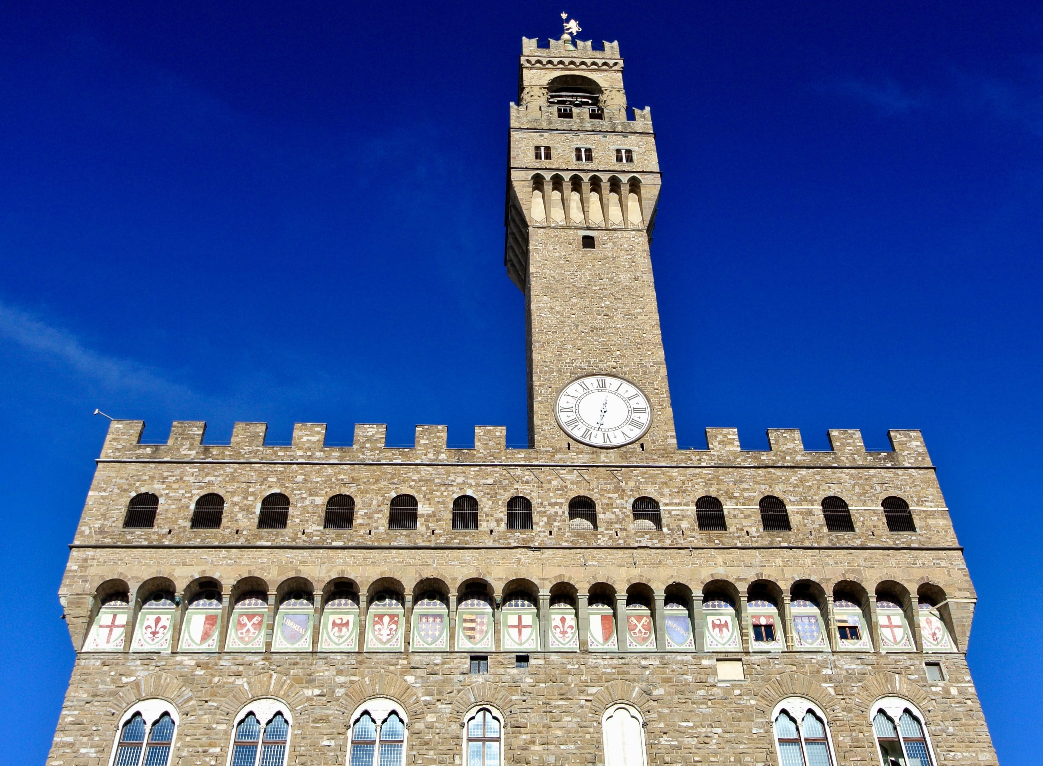 palazzo vecchio, nature, historically, low angle view, building exterior, clock, built structure, city, government, blue, 2K, florence, time, no people, HD Wallpaper