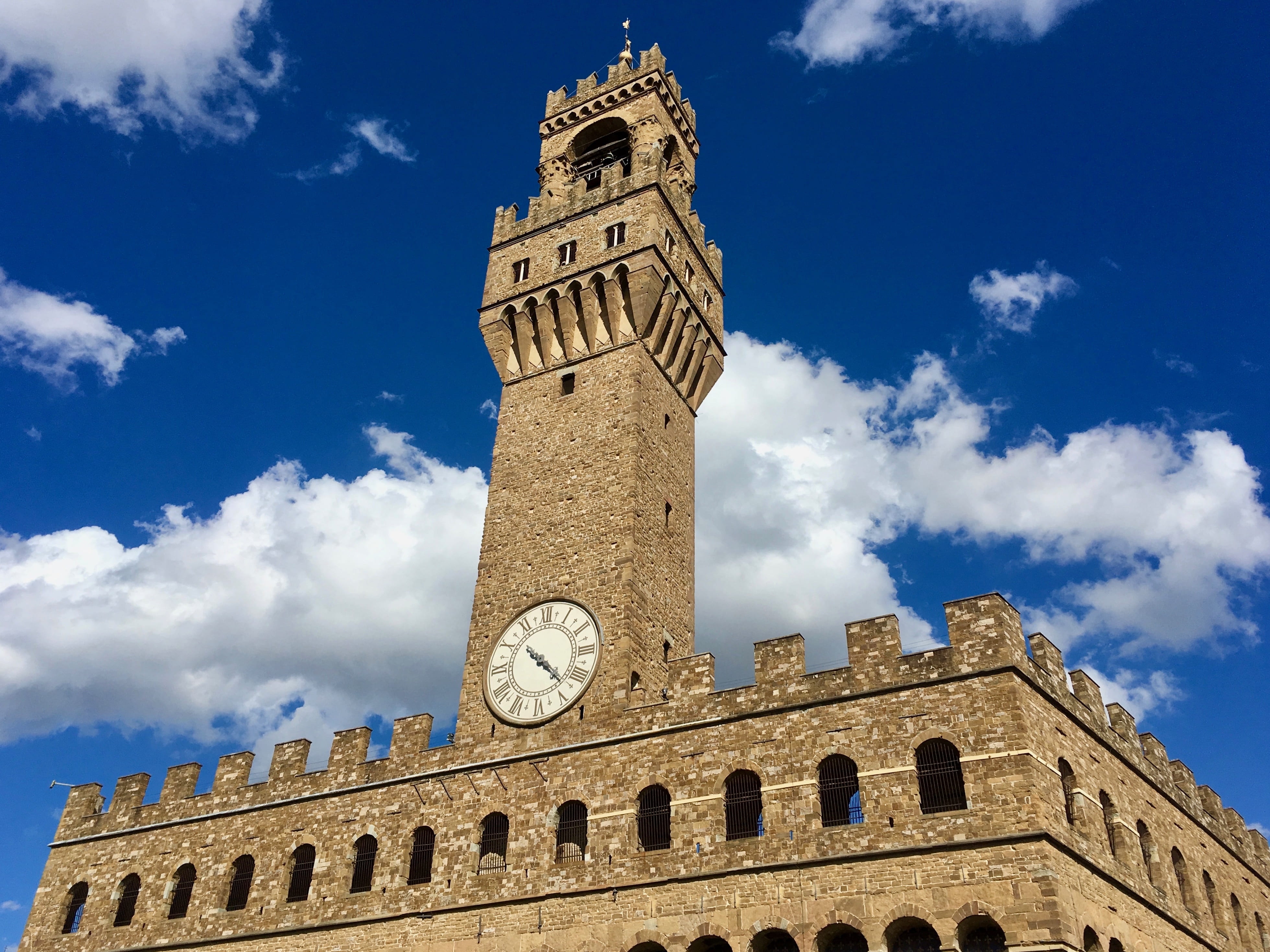 history, tower, 4K, architecture, low angle view, italy vacation, government, palazzo vecchio, travel destinations, clock, the past, built structure, minute hand, HD Wallpaper