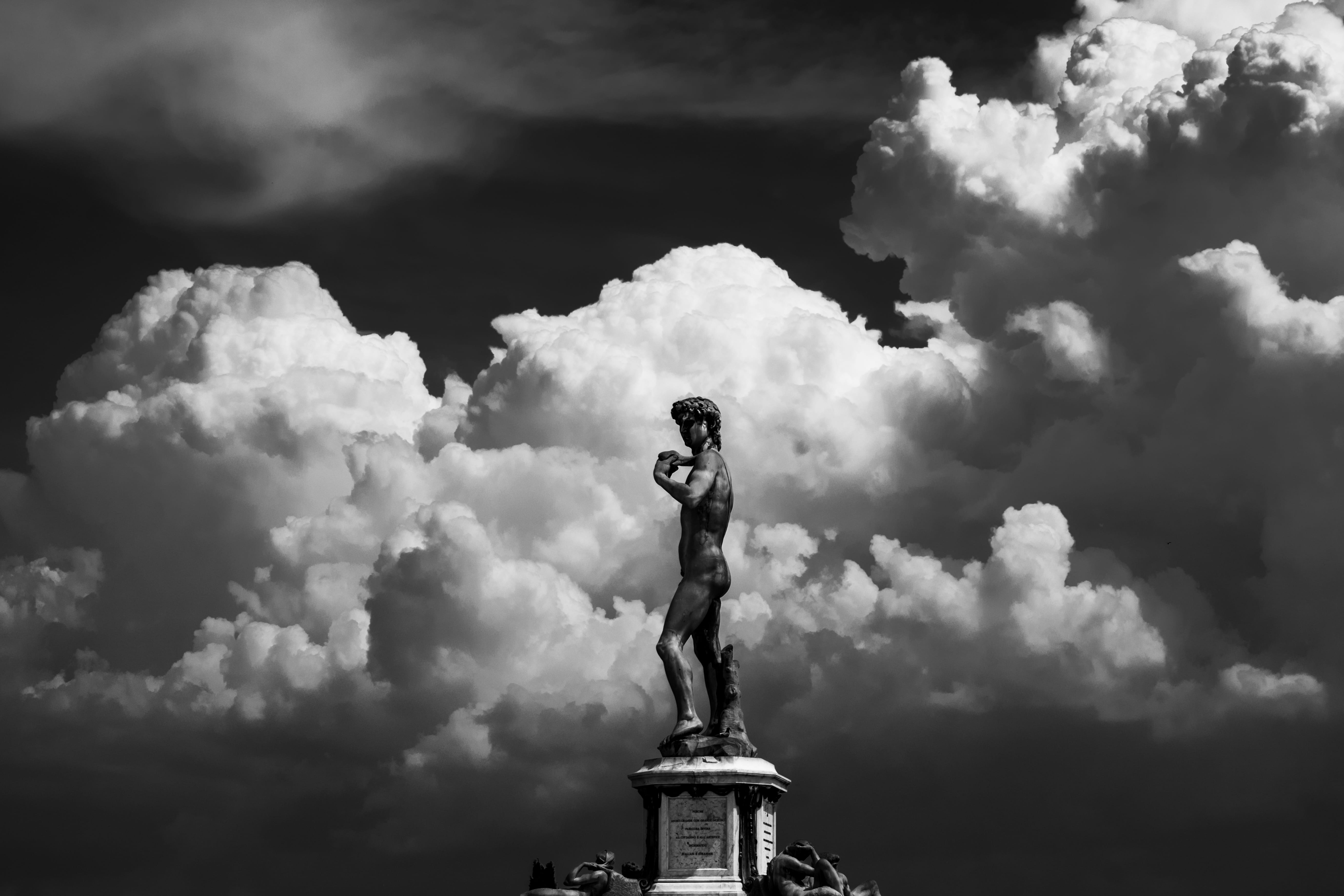 architecture, low angle view, built structure, italy, firenze, travel destinations, creativity, sculpture, outdoors, cloud - sky, statue, day, female likeness, HD Wallpaper