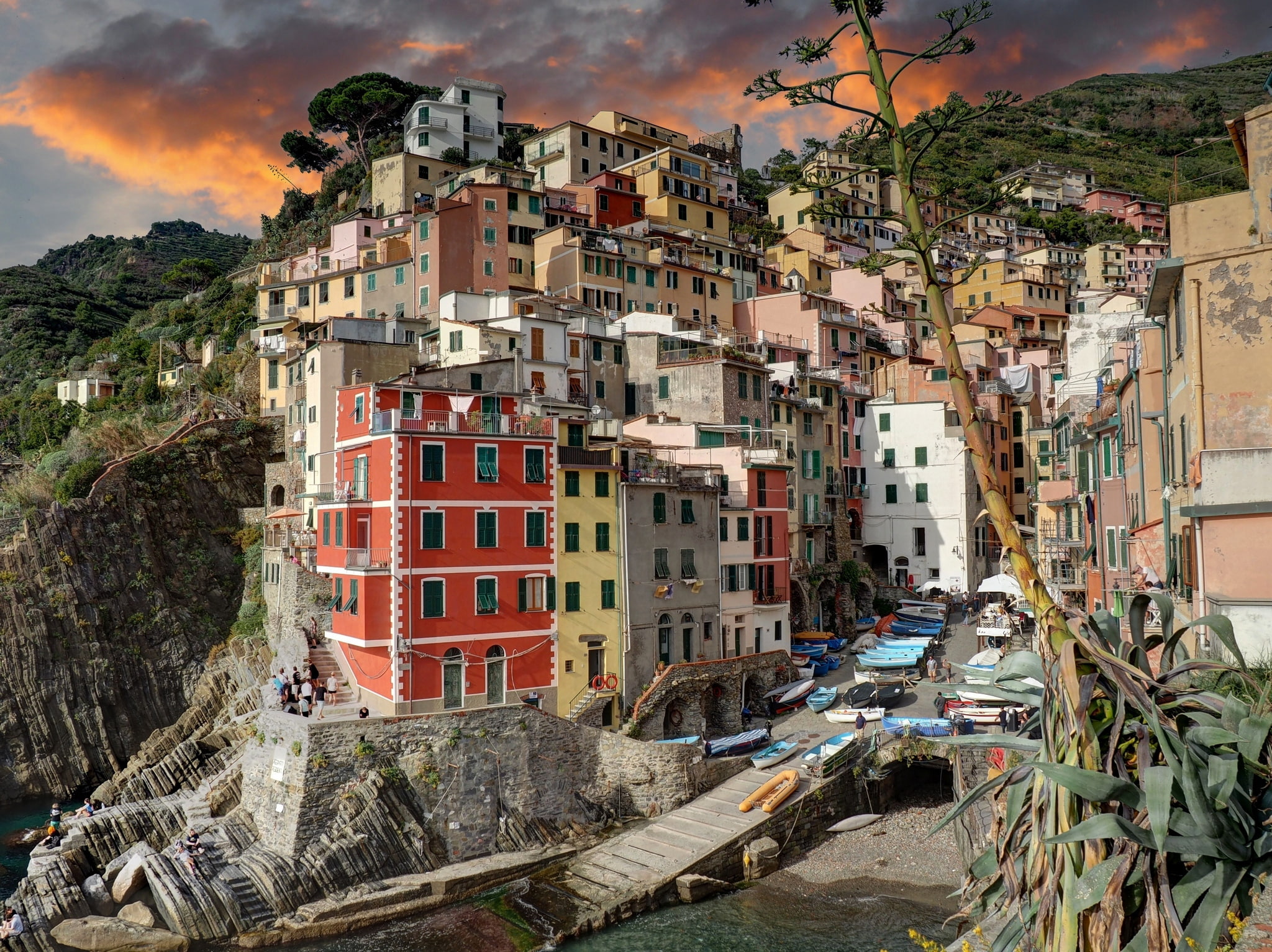 Cinque Terre, Riomaggiore, Bay, 1080P, Italy, sea, landscape, paint, home, boats, HD Wallpaper