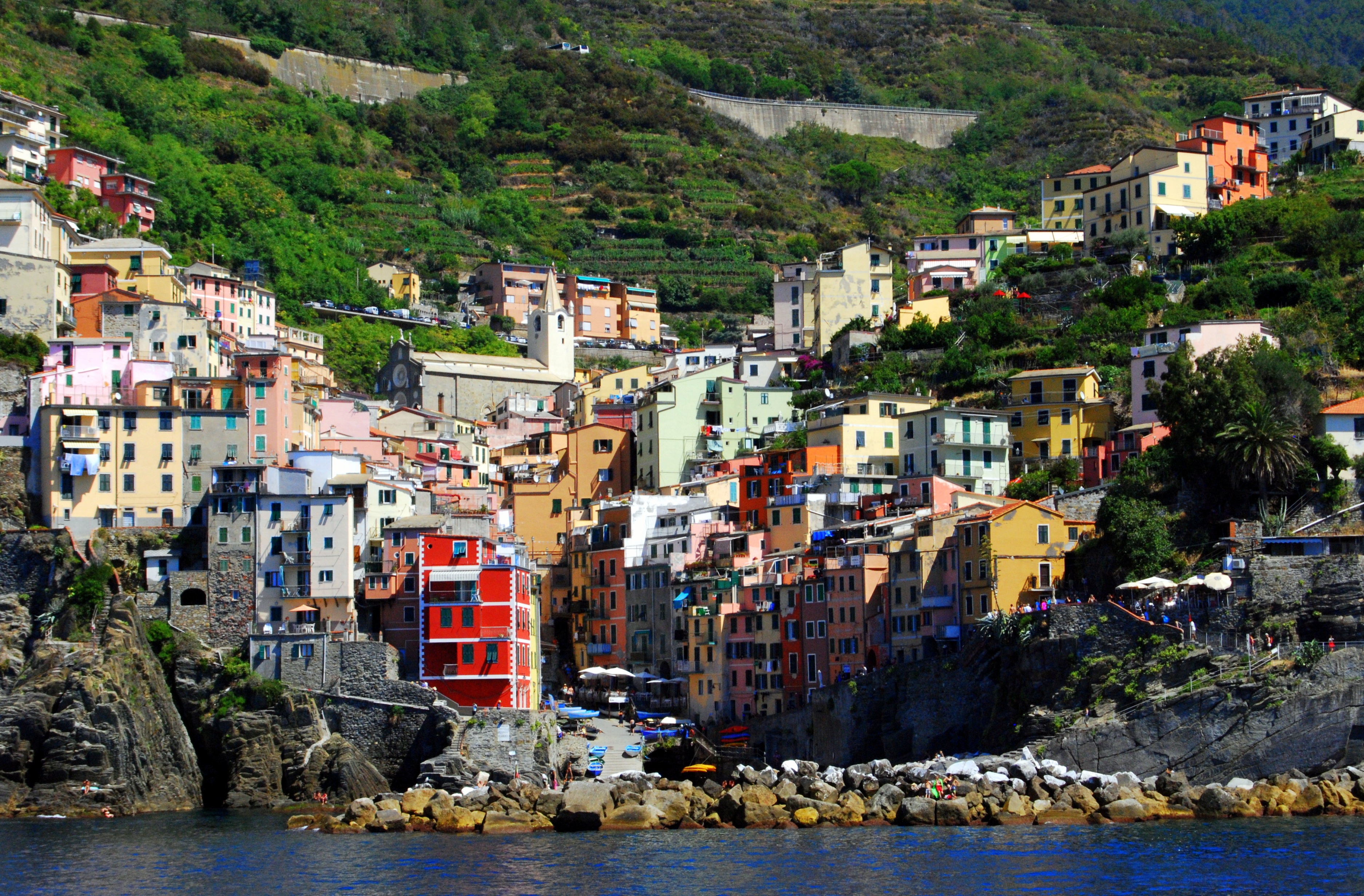 cinque terre, architecture, land, colors, nature, sea, town, liguria, rocks, solid, building exterior, overlooking, concrete, landscape, riomaggiore, day, HD Wallpaper