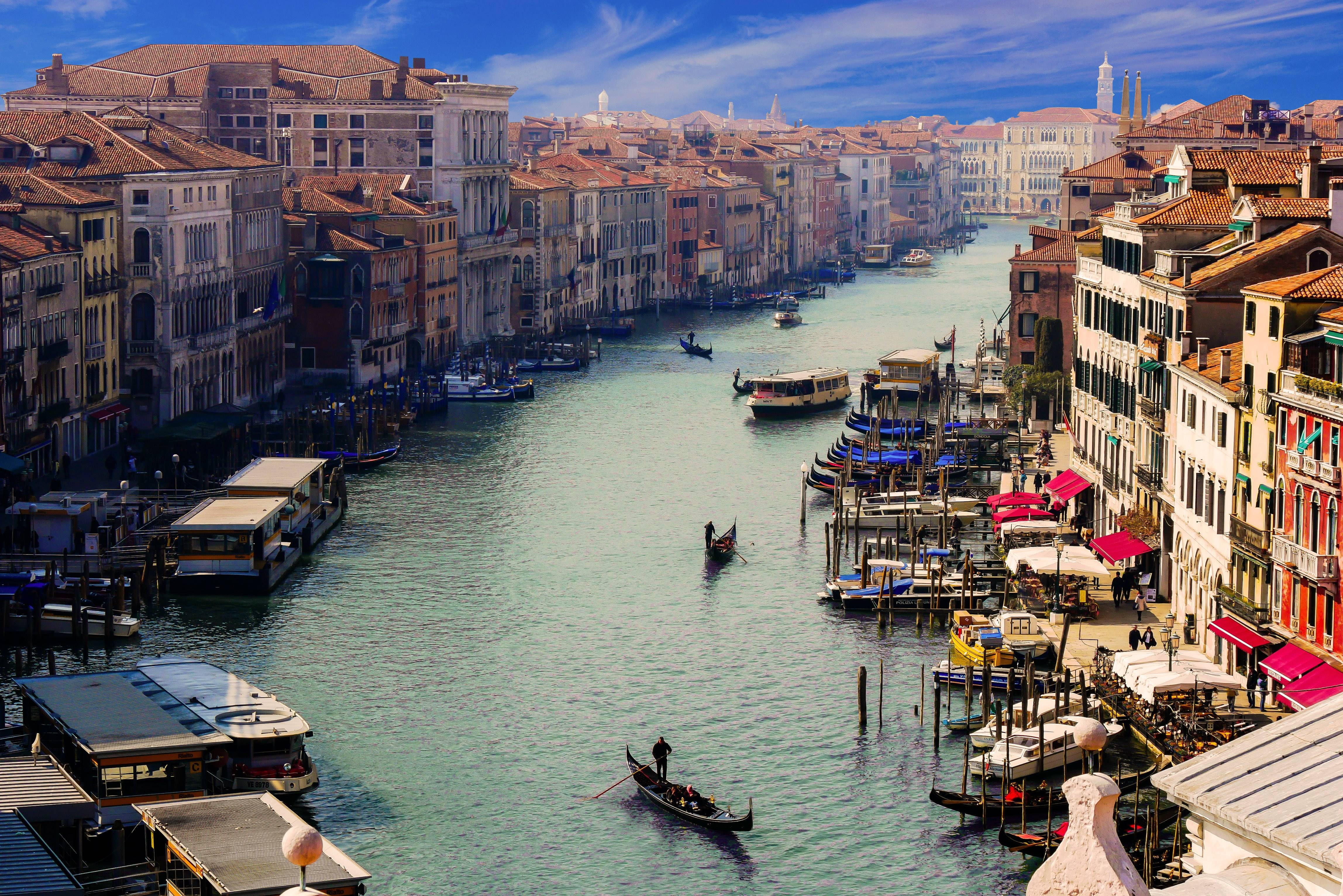 canal, grande, 4K, high angle view, italy, canale, water, moored, day, gondolier, travel, venice, residential district, building, channel, city, nature, HD Wallpaper