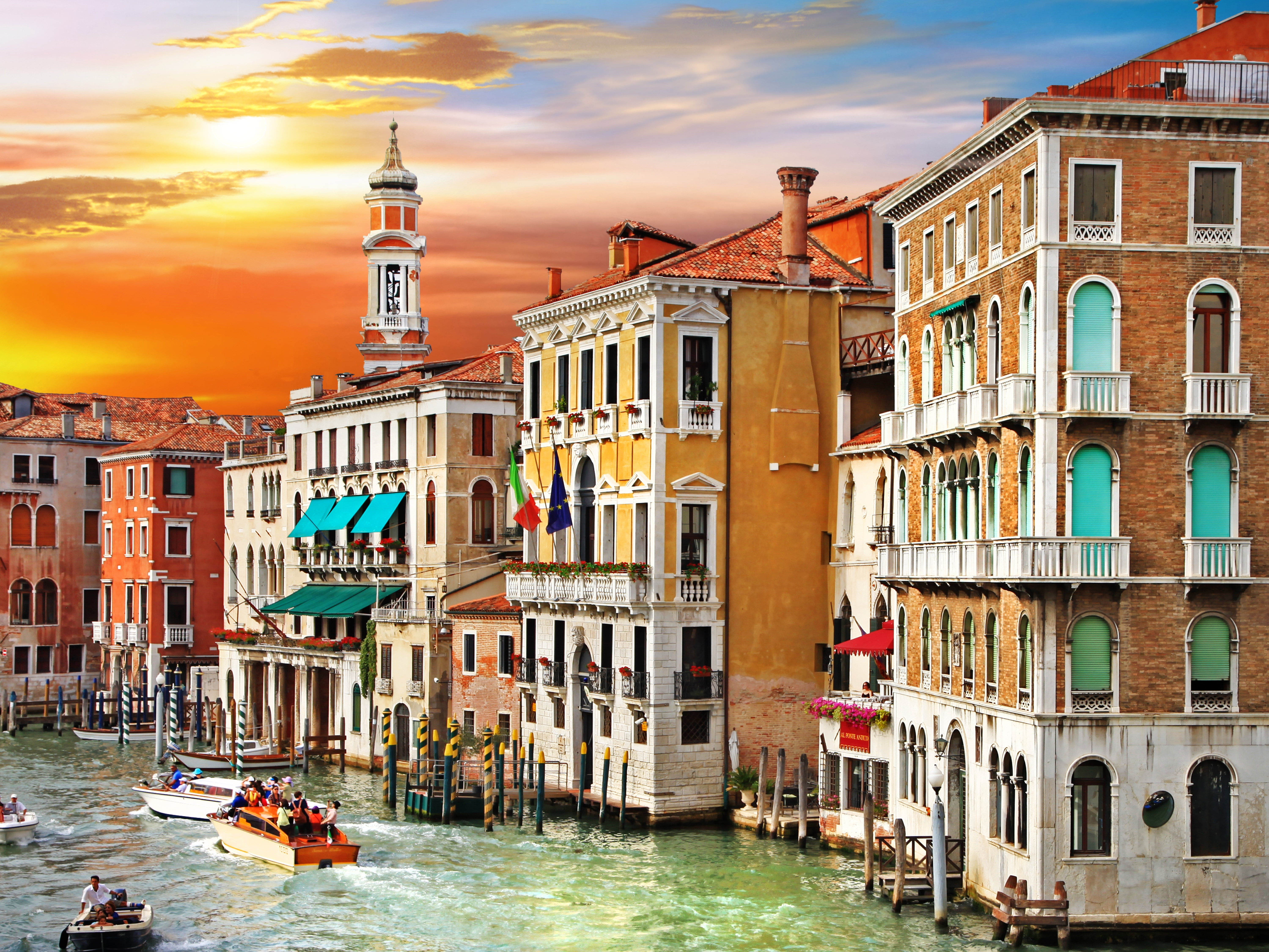 multi Colored, cloud - sky, people, built Structure, gondola, europe, town, Canal Grande, journey, venice - Italy, tourism, water, tourist, canal, gondolier, HD Wallpaper