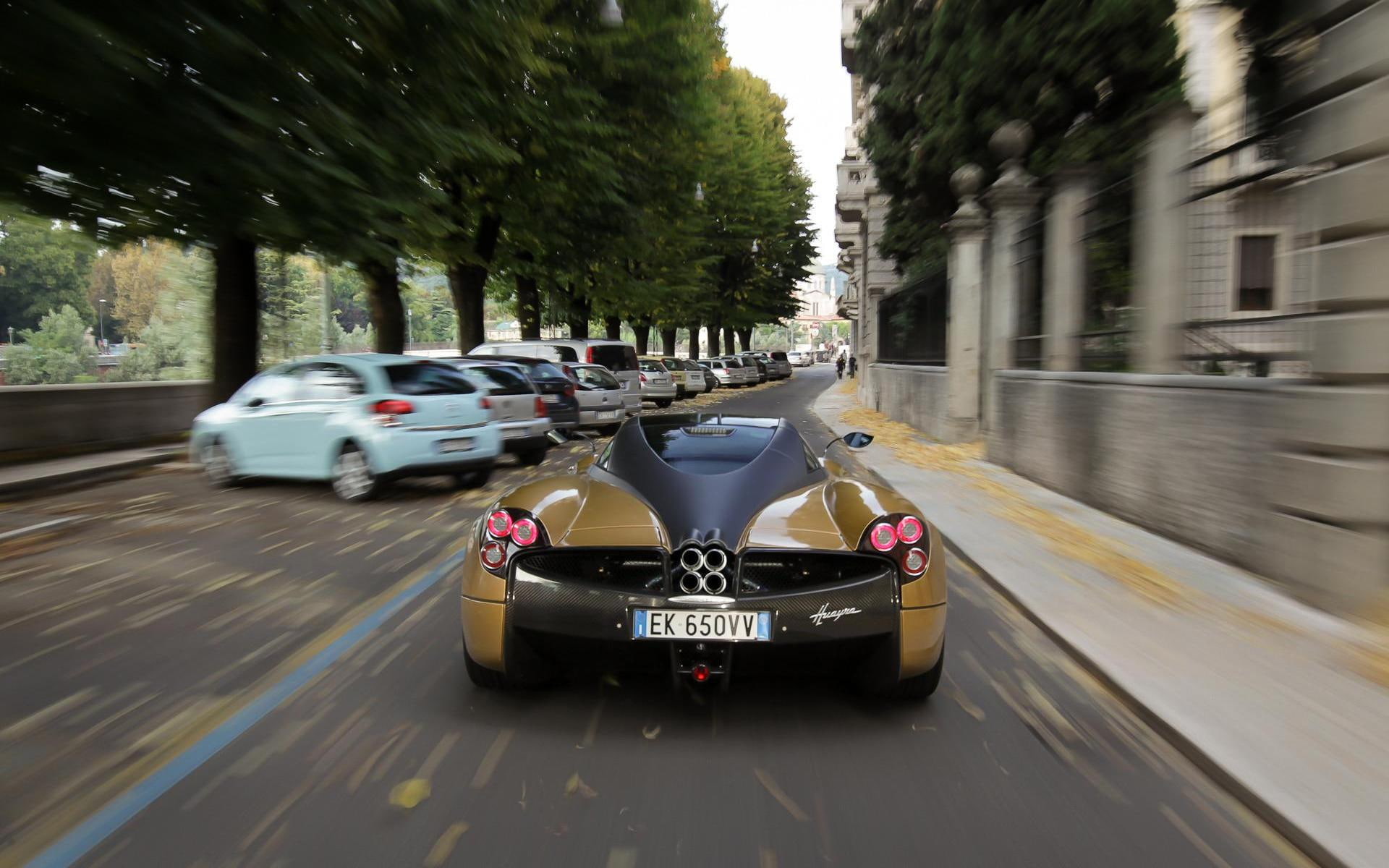 streets, huayra, blurred motion, motion, speed, car, on the move, 1080P, nature, city, transportation, tree, day, land vehicle, luxury, road, outdoors, HD Wallpaper