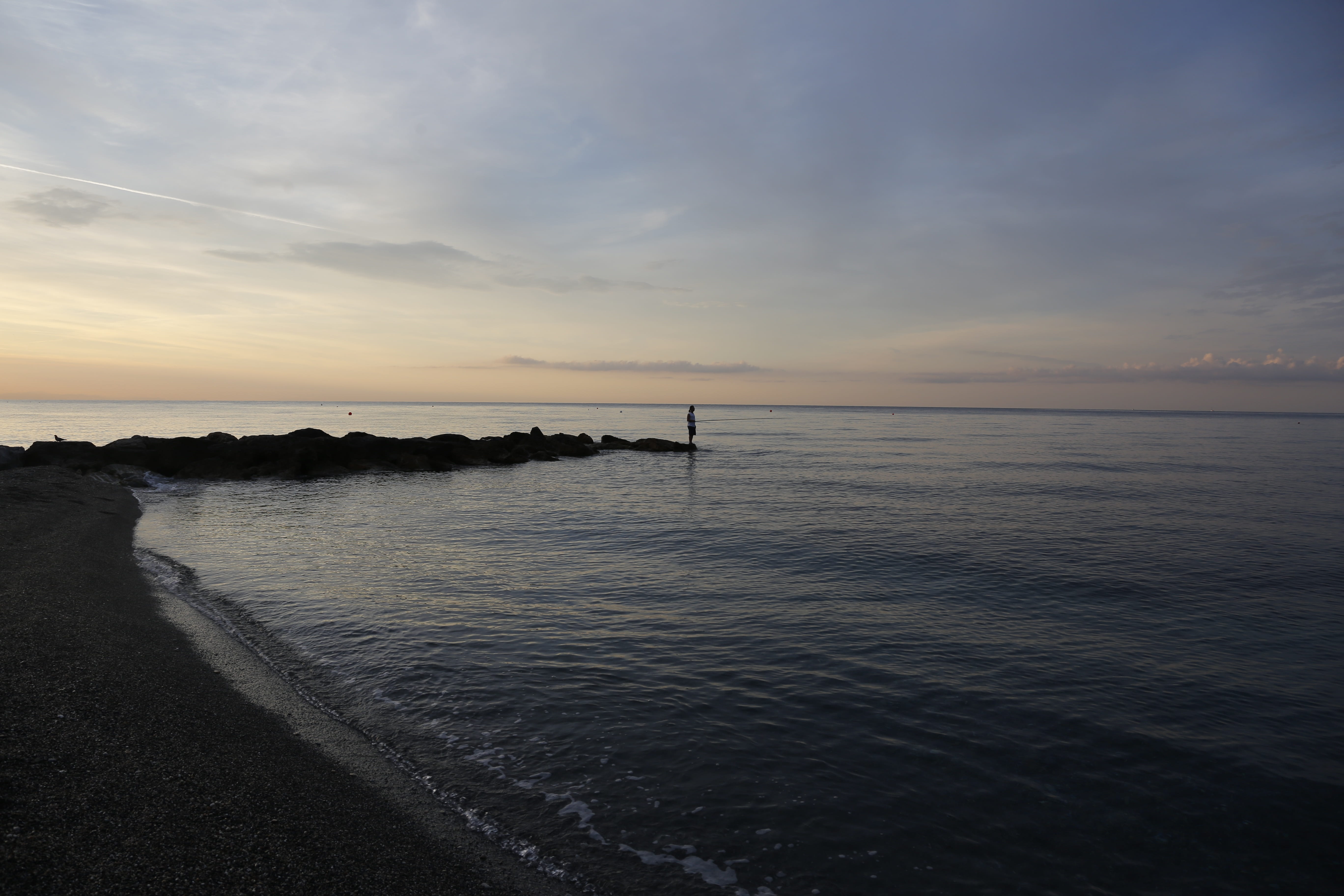 tranquility, pietra ligure, dawn, idyllic, sea, outdoors, 5K, land, cloud - sky, sunset, groyne, horizon over water, non-urban scene, beach, horizon, liguria, HD Wallpaper