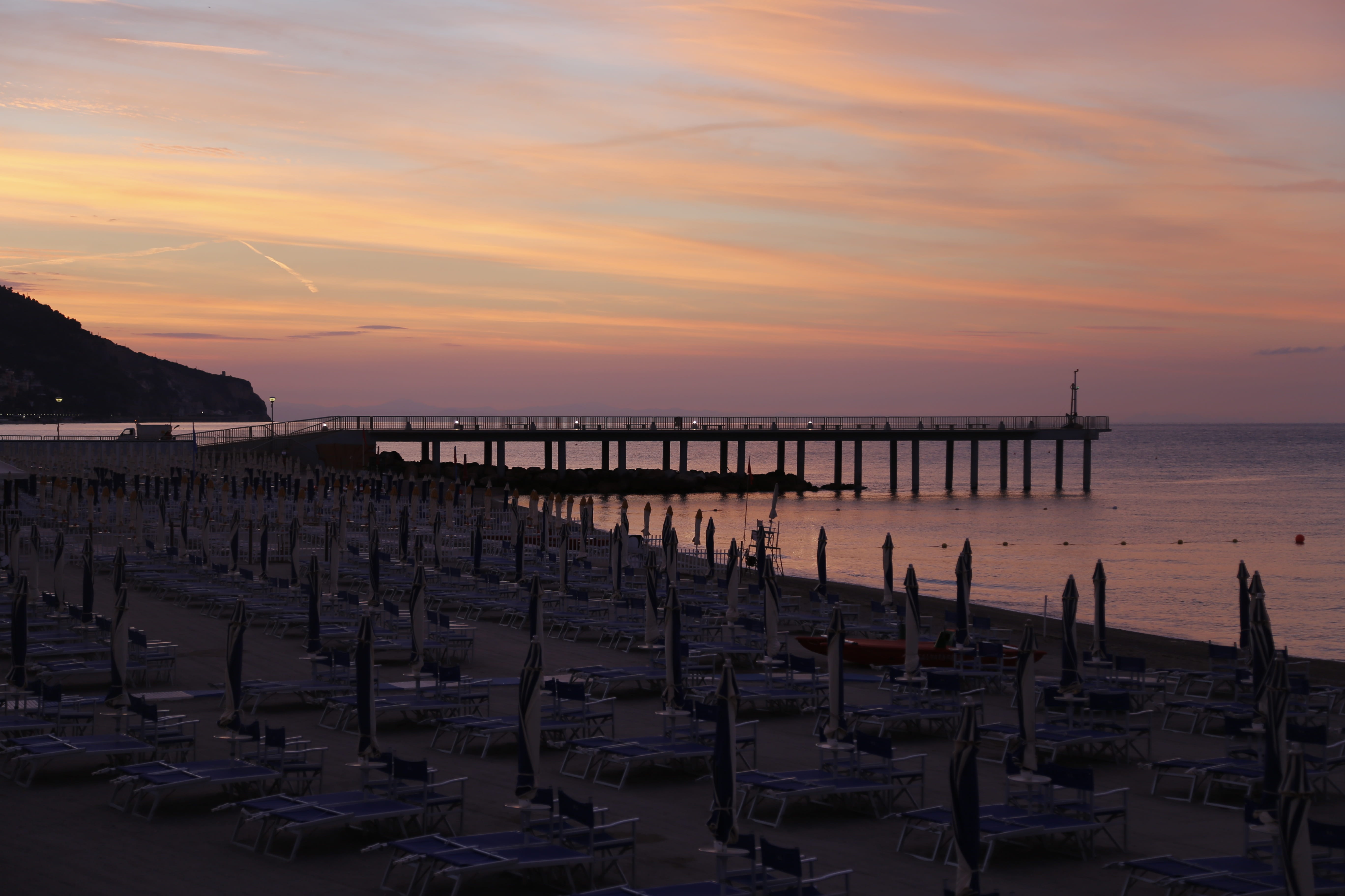 water, reflection, idyllic, tranquility, orange color, sky, no people, nature, cloud - sky, architecture, scenics - nature, wooden post, outdoors, pietra ligure, HD Wallpaper