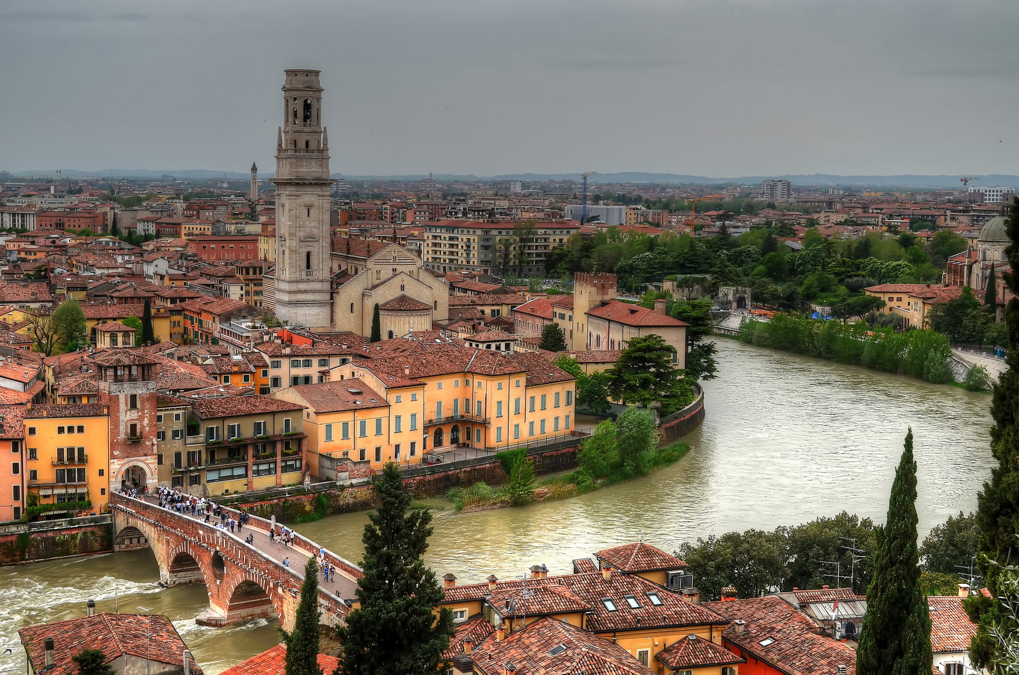 river, townscape, 1080P, water, Ponte Pietra Bridge, bridge, the Adige river, high angle view, built structure, promenade, cityscape, travel destinations, HD Wallpaper