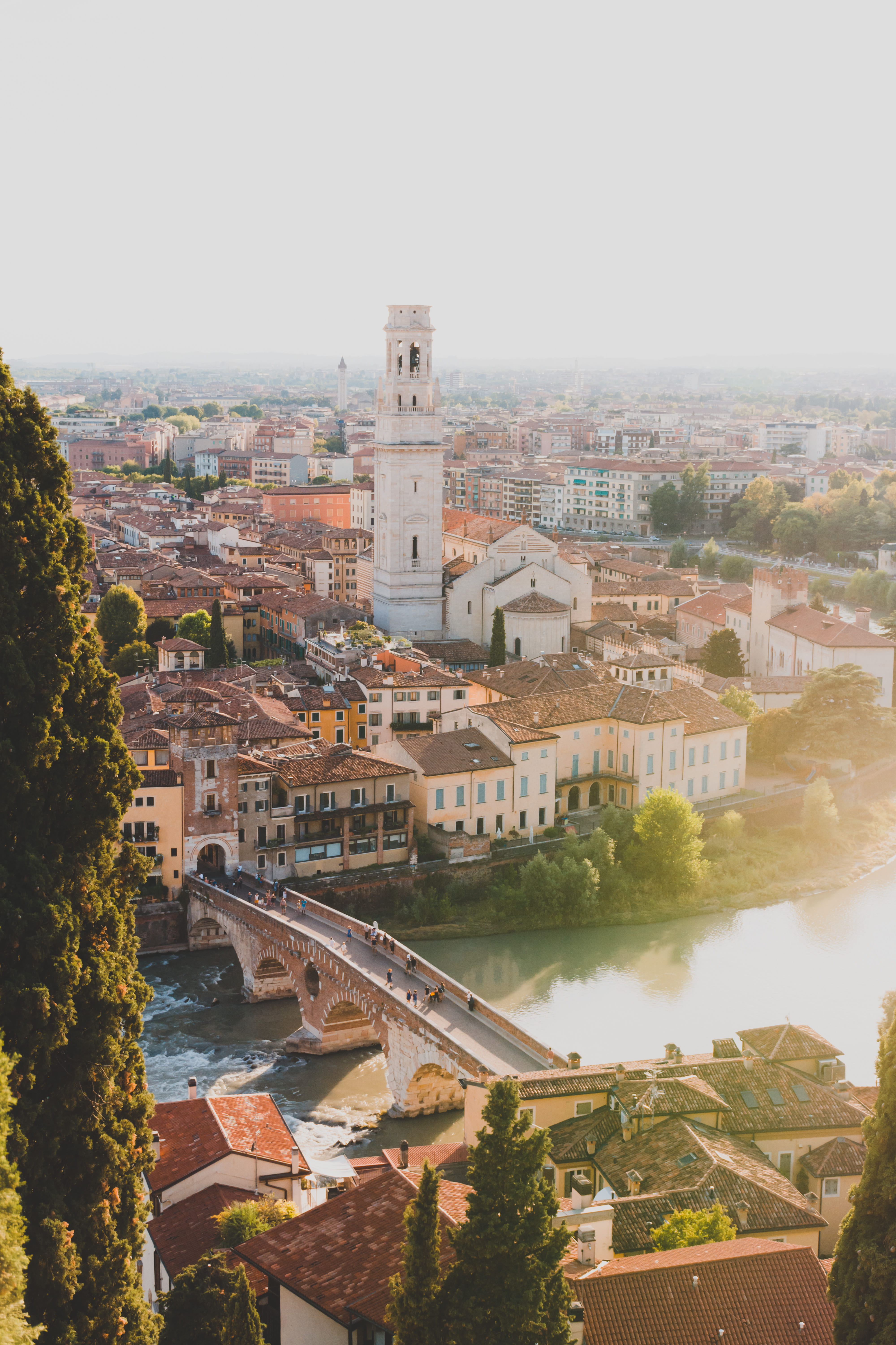 ponte pietra, trees, structure, high angle view, daytime, cloud, people, city, day, near, building exterior, houses, bride, outdoors, history, reflection, Phone HD Wallpaper