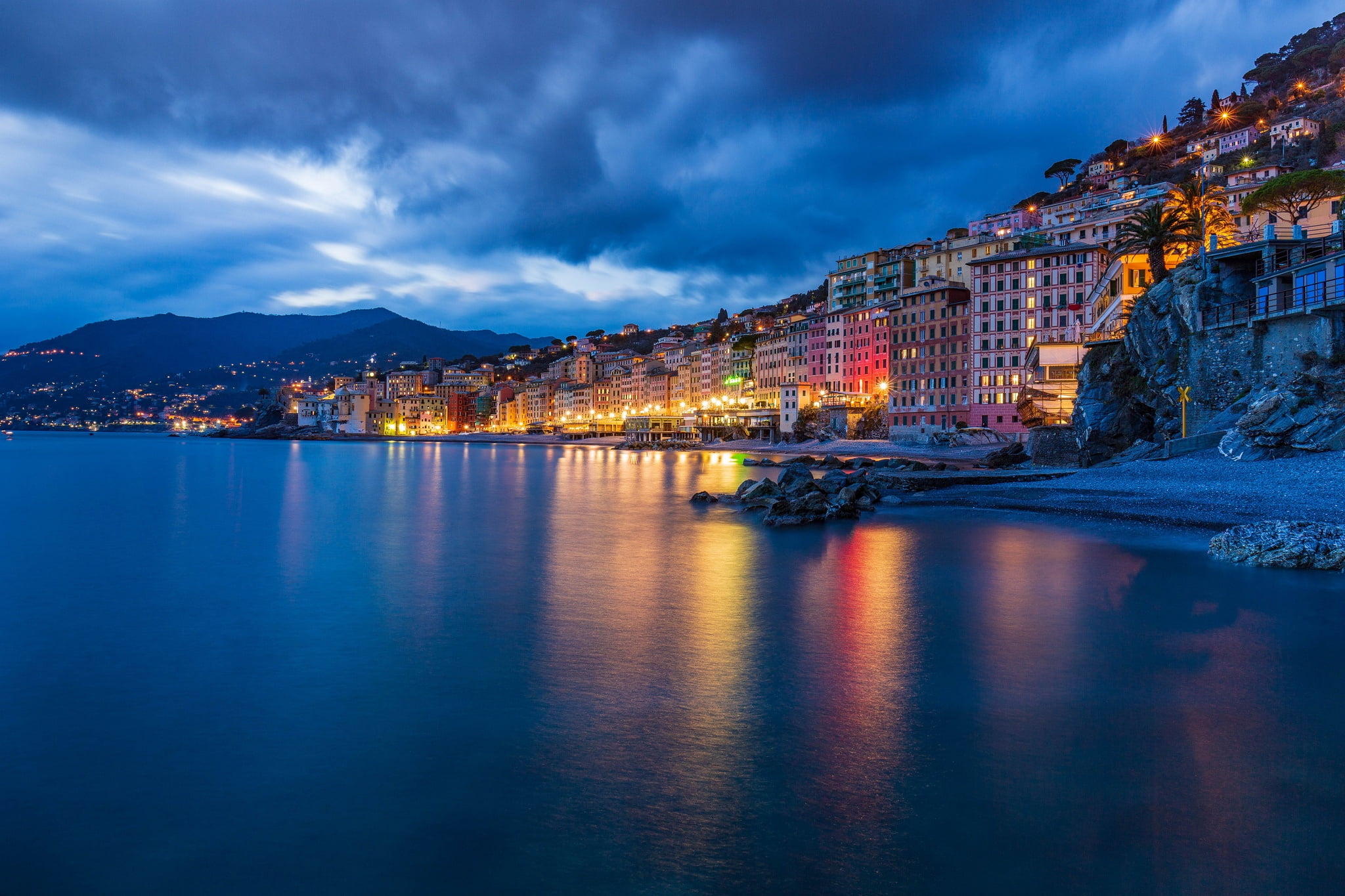 home, 1080P, building, night city, Camogli, sea, coast, The Ligurian sea, Italy, Liguria, Ligurian Sea, HD Wallpaper
