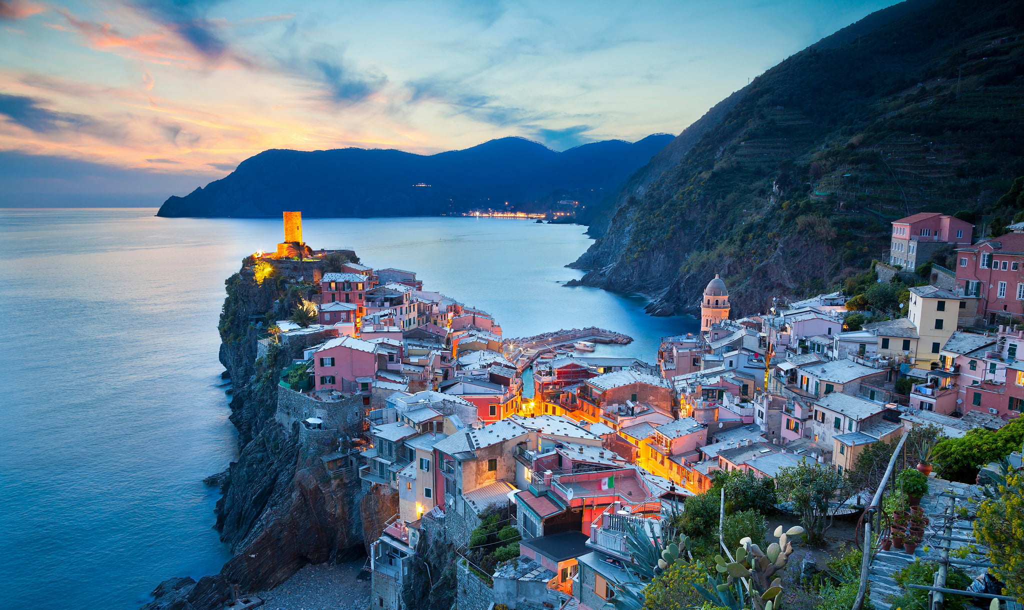 mountain range, tower, travel destinations, nautical vessel, scenics - nature, building, Italy, Spice, outdoors, sunset, beauty in nature, built structure, HD Wallpaper