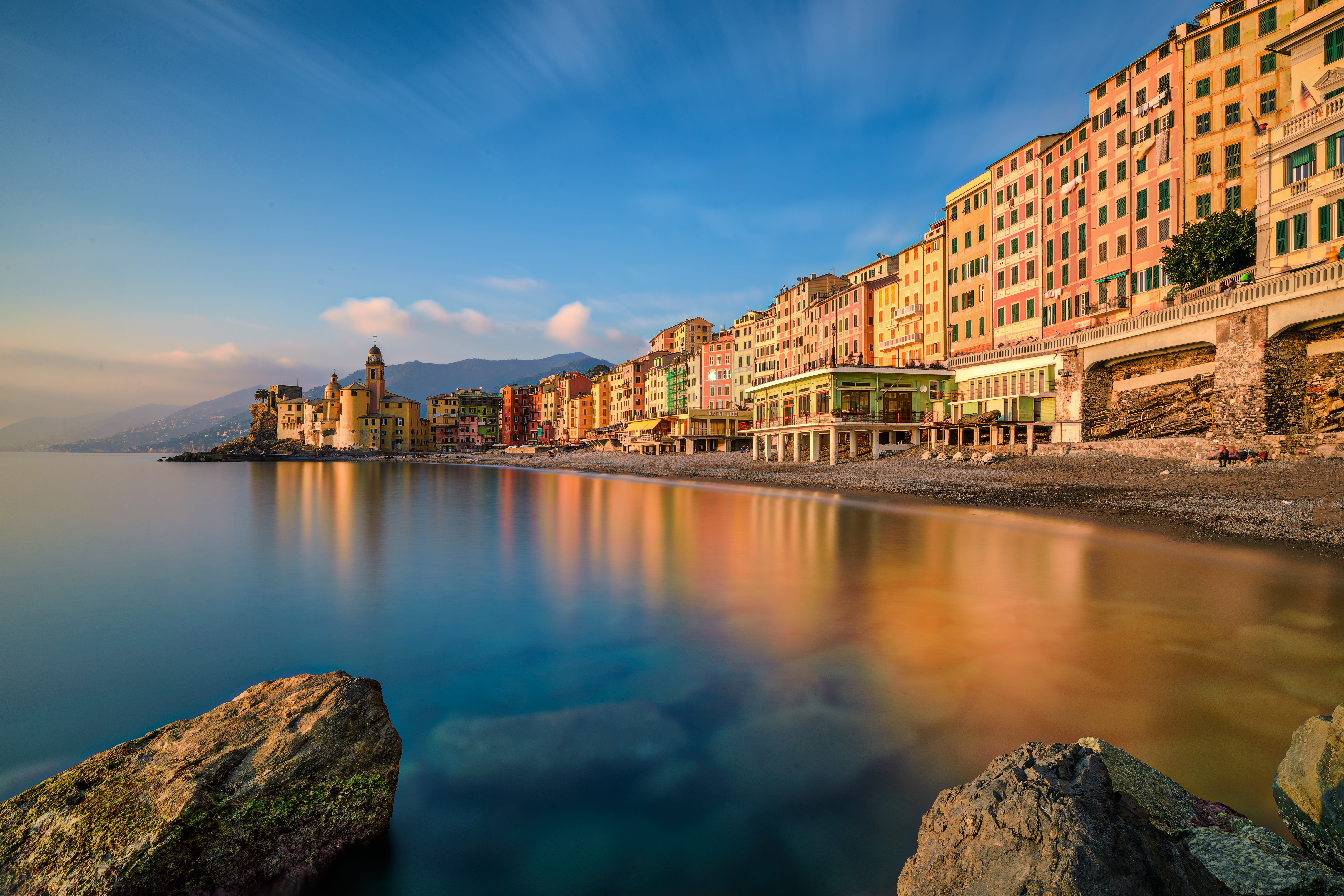 sky, water, travel, The Ligurian sea, Ligurian Sea, Camogli, built structure, coast, rock - object, Liguria, nature, architecture, building exterior, landscape, HD Wallpaper