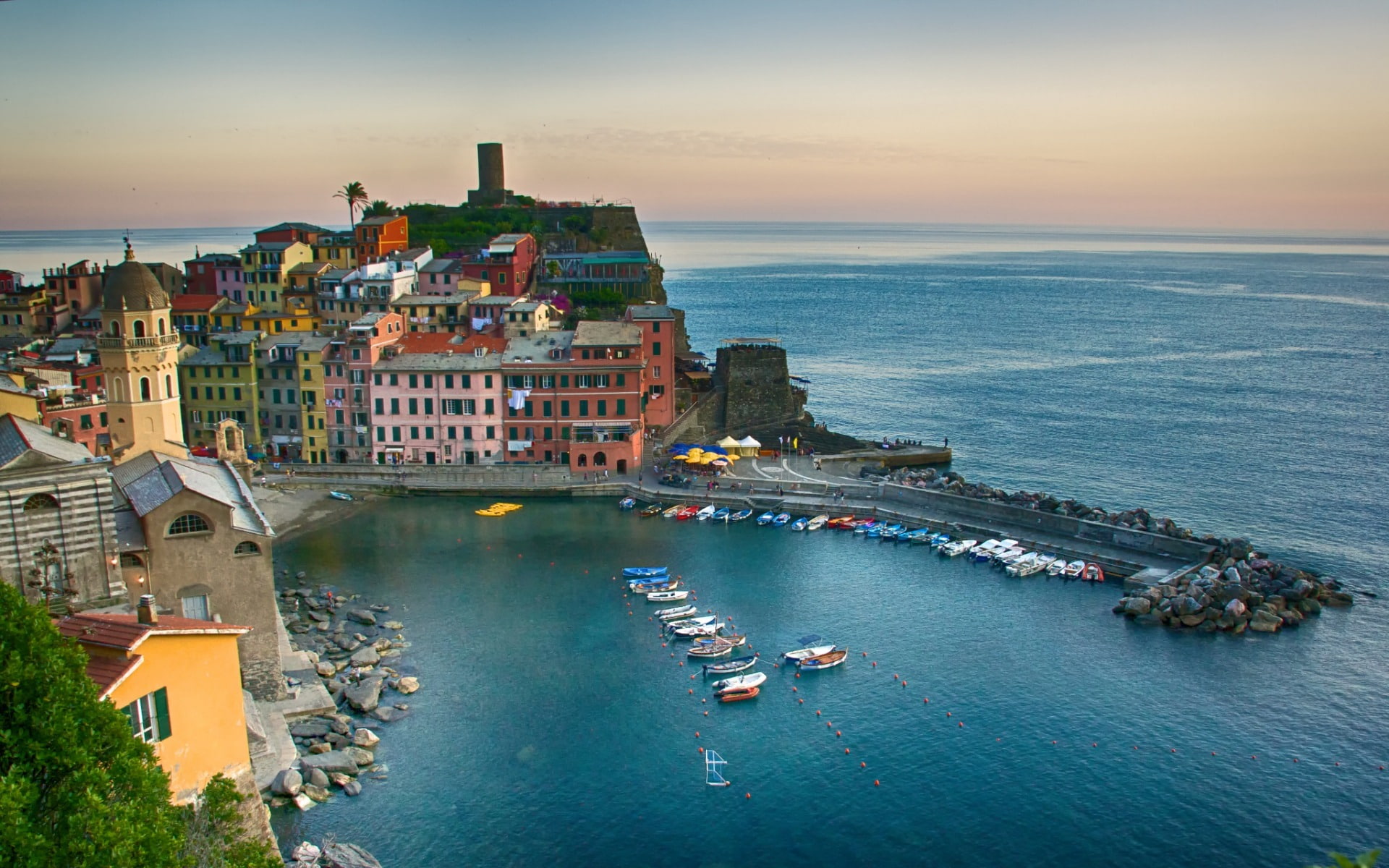 hd, italy, horizon over water, ligurian, sunset, sky, no people, nature, architecture, mode of transportation, water, 1080P, land, city, passenger craft, HD Wallpaper
