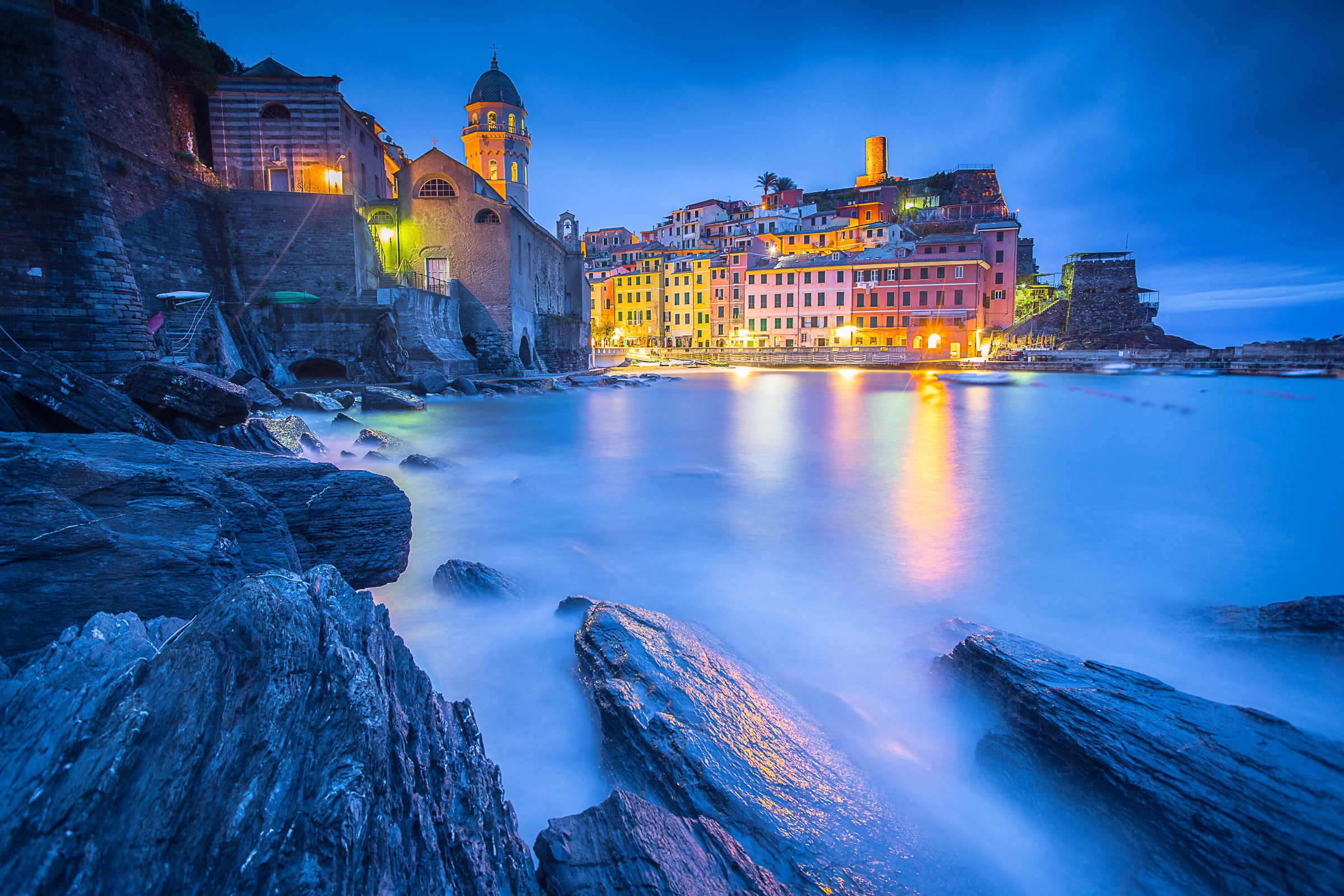 The Ligurian sea, harbour, night city, home, Church of Santa Margherita dantiochia, Ligurian Sea, coast, 1080P, Cinque Terre, Liguria, Church, Italy, The Church Of St. Margaret Of Antioch, HD Wallpaper