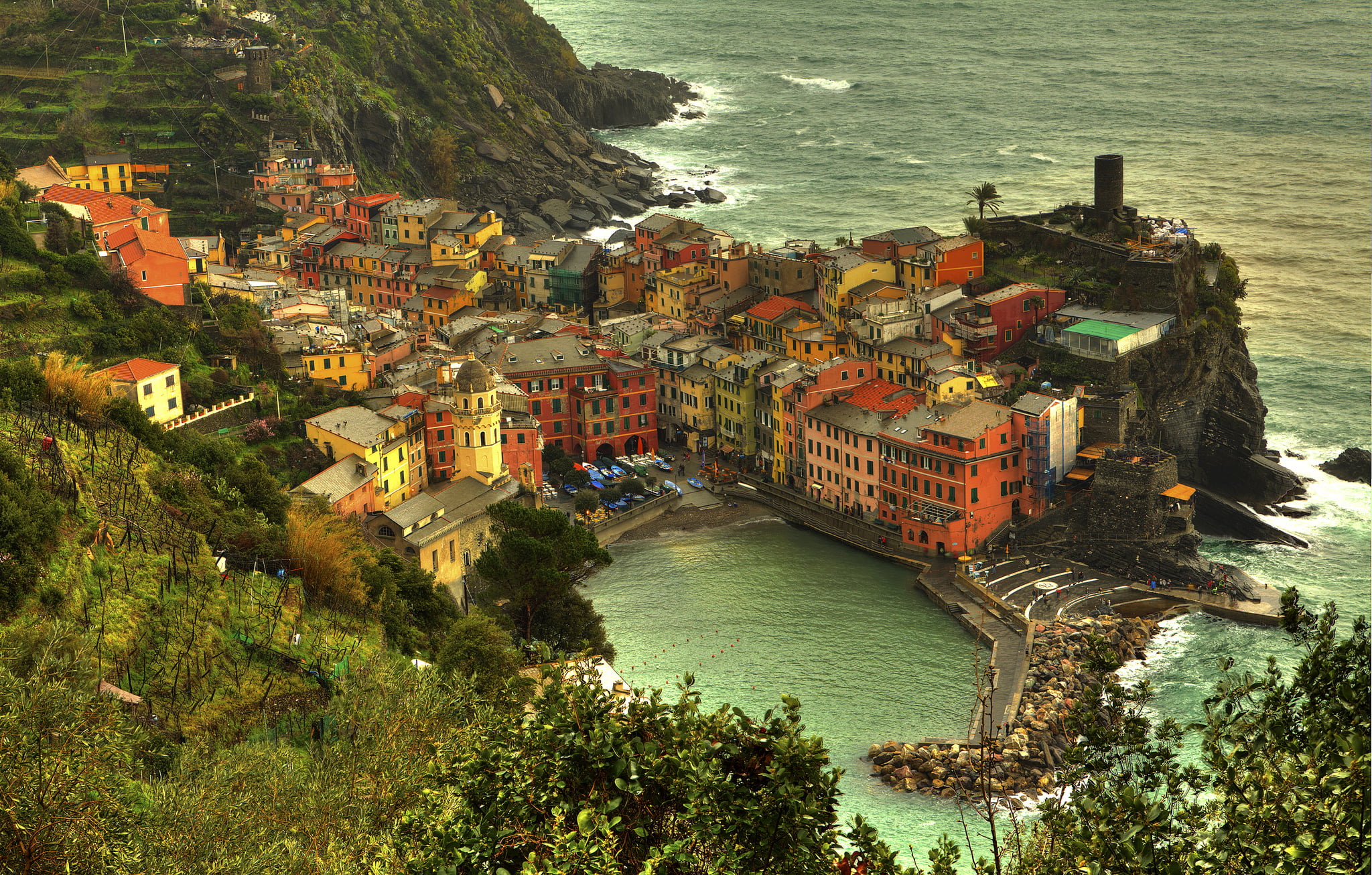 nature, coast, sea, buildings, Spice, Manarola, The Ligurian sea, home, bay Of Water, scenics, famous Place, body, Italy, high angle view, trees, blue, HD Wallpaper