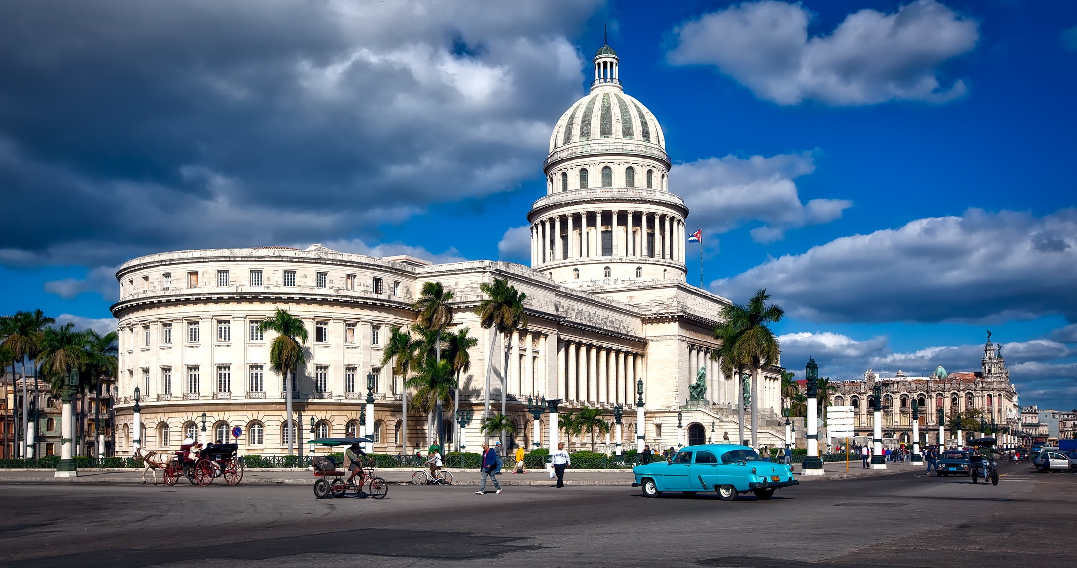 church, landmark, cityscape, nature, travel destinations, car, clouds, government, antique, cuba, sky, urban Scene, day, palm trees, neo-classical, disrepair, HD Wallpaper