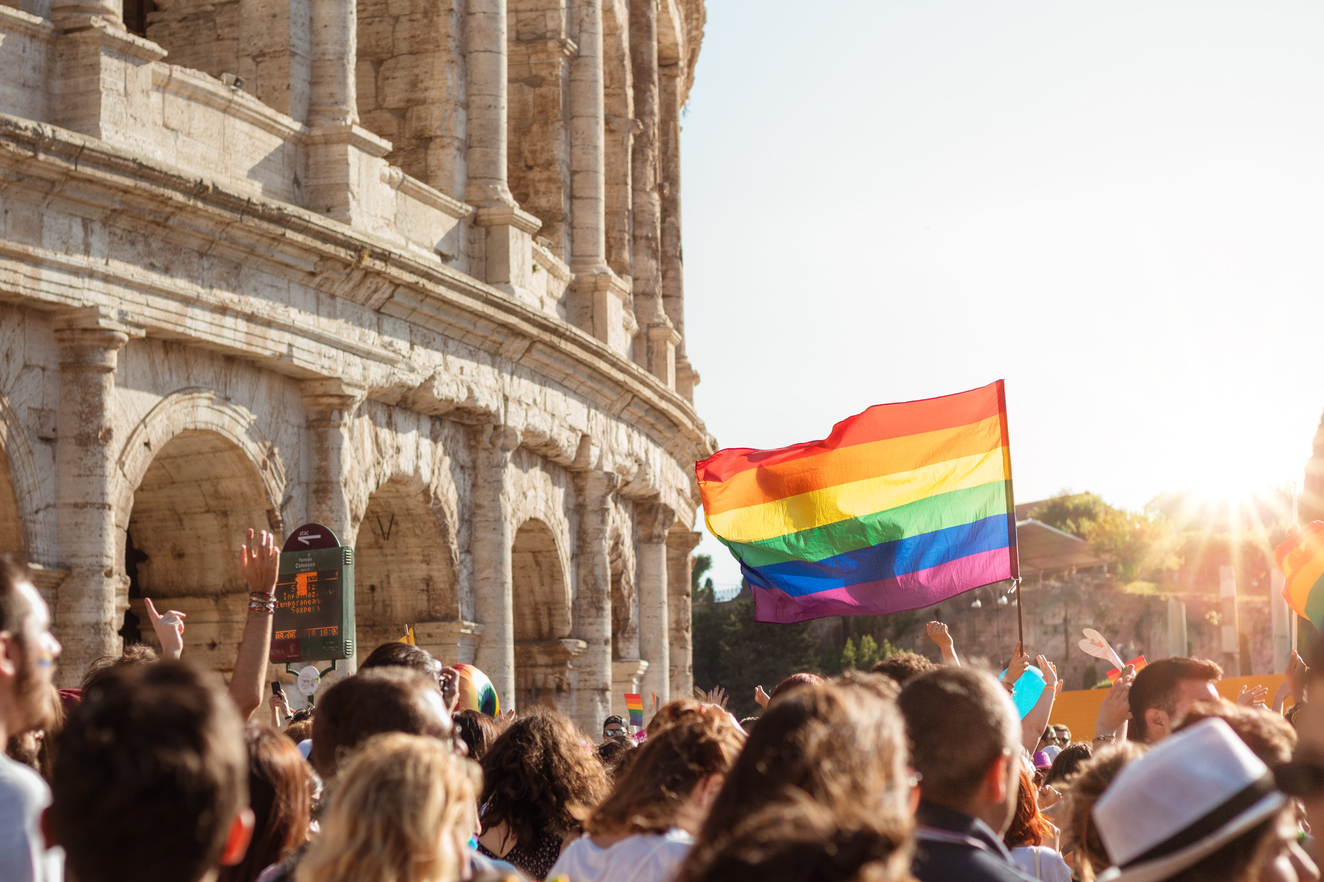 travel Destinations, celebrating, person, bright, cultures, italy, coliseum, men, urban Scene, european Culture, italian Culture, rainbow, group, large Group Of People, HD Wallpaper