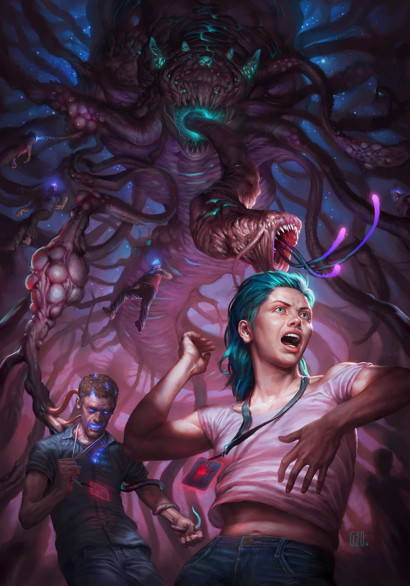 blouse, 720P, women, tentacles, men, Flavio Greco Paglia, blue hair, creature, brunette, jeans, Phone HD Wallpaper