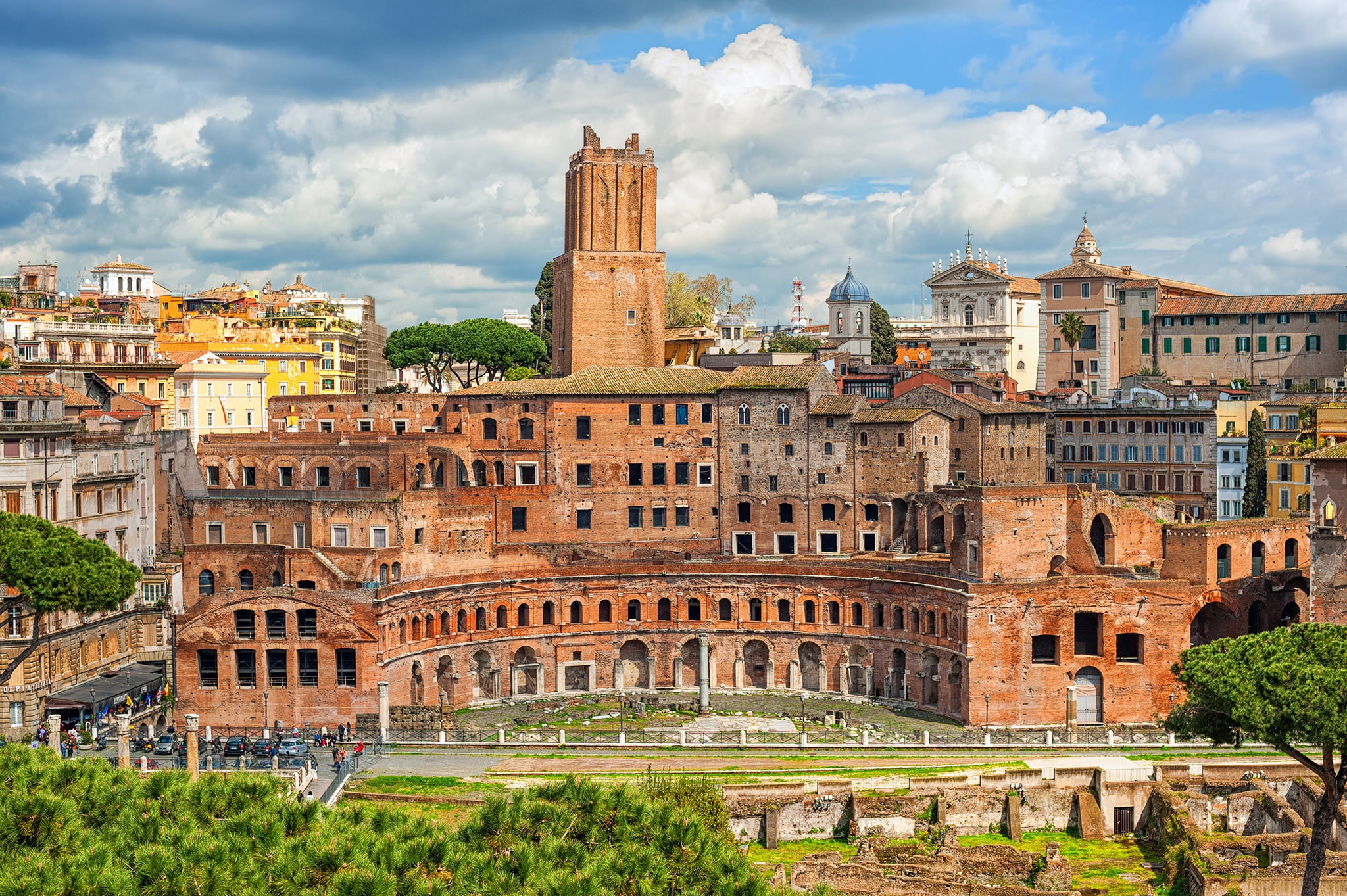 the sun, trees, the sky, building, Rome, Trajans Market, home, Italy, 1080P, clouds, architecture, the city, HD Wallpaper