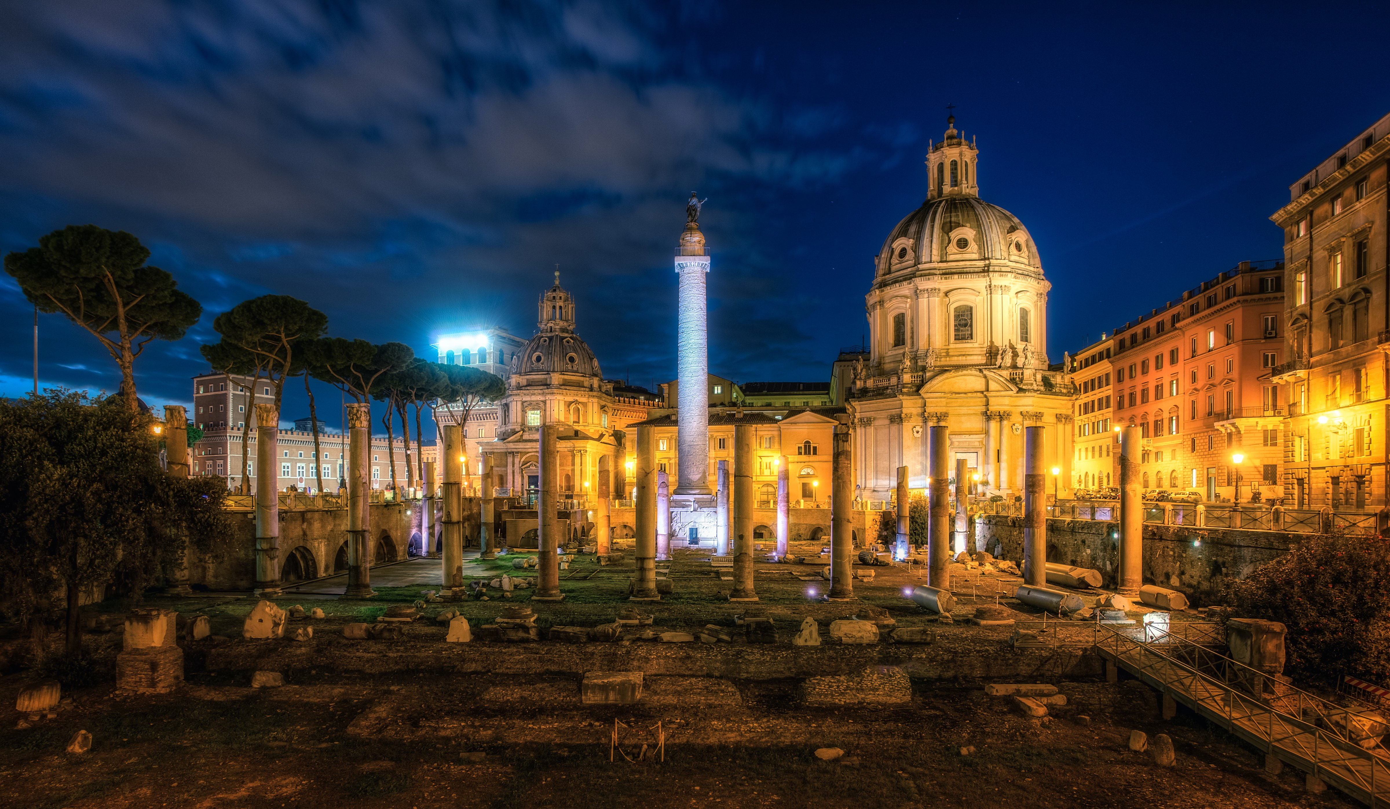 italy, buildings, famous, 4K, ruins, night, cities, forum, rome, trajans, HD Wallpaper