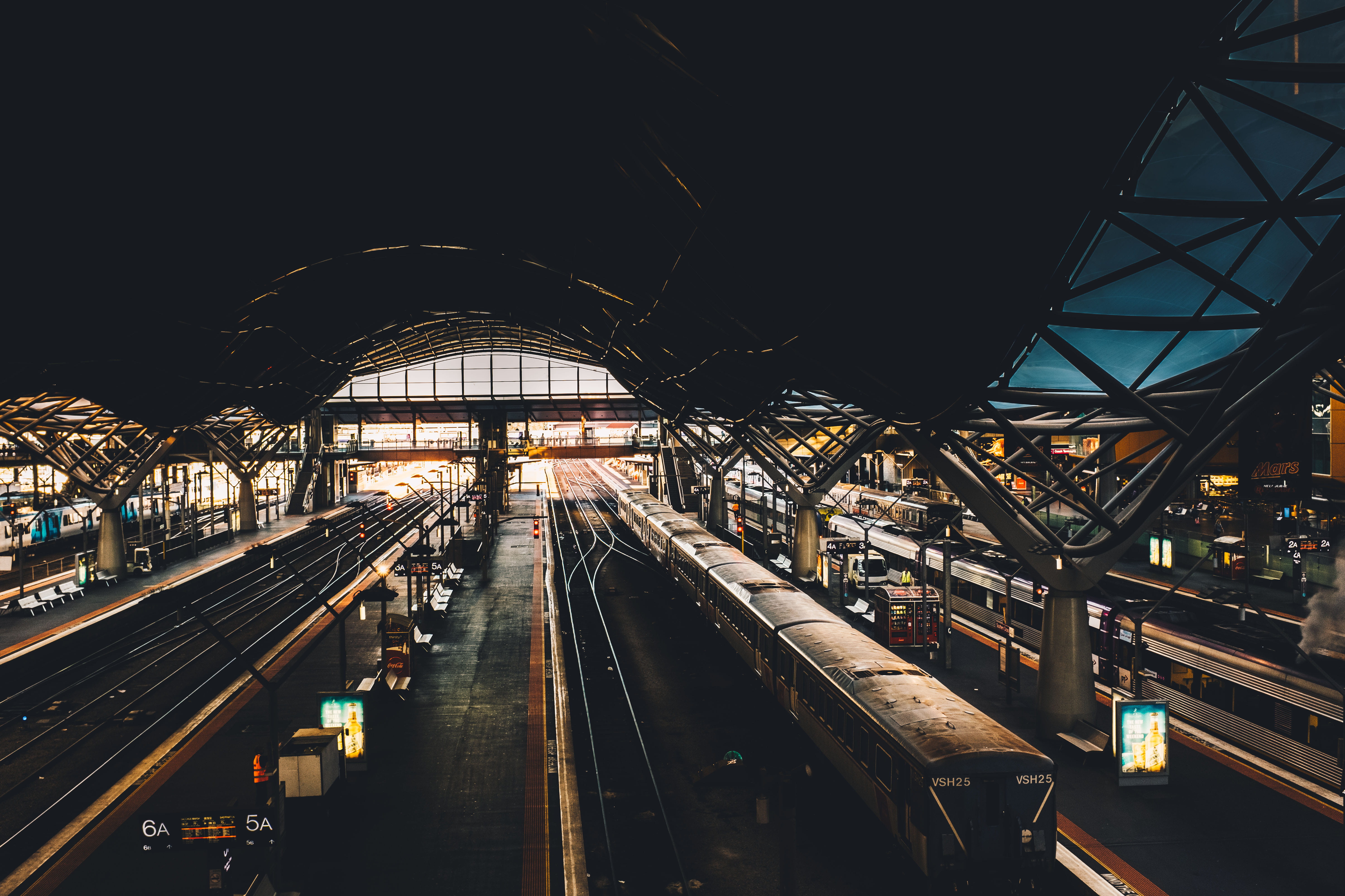 handrail, mode of transportation, no people, way, illuminated, transportation, melbourne, train, urban, vehicle, track, interior, railroad track, southern cross station, HD Wallpaper