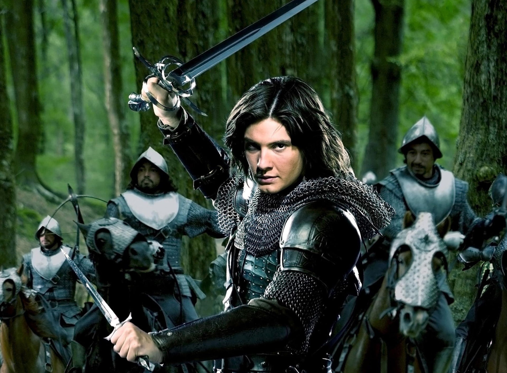 hunter, suit of armor, man, forest, day, military, outdoors, nature, the chronicles of narnia, young adult, woodland, looking at camera, sword, HD Wallpaper