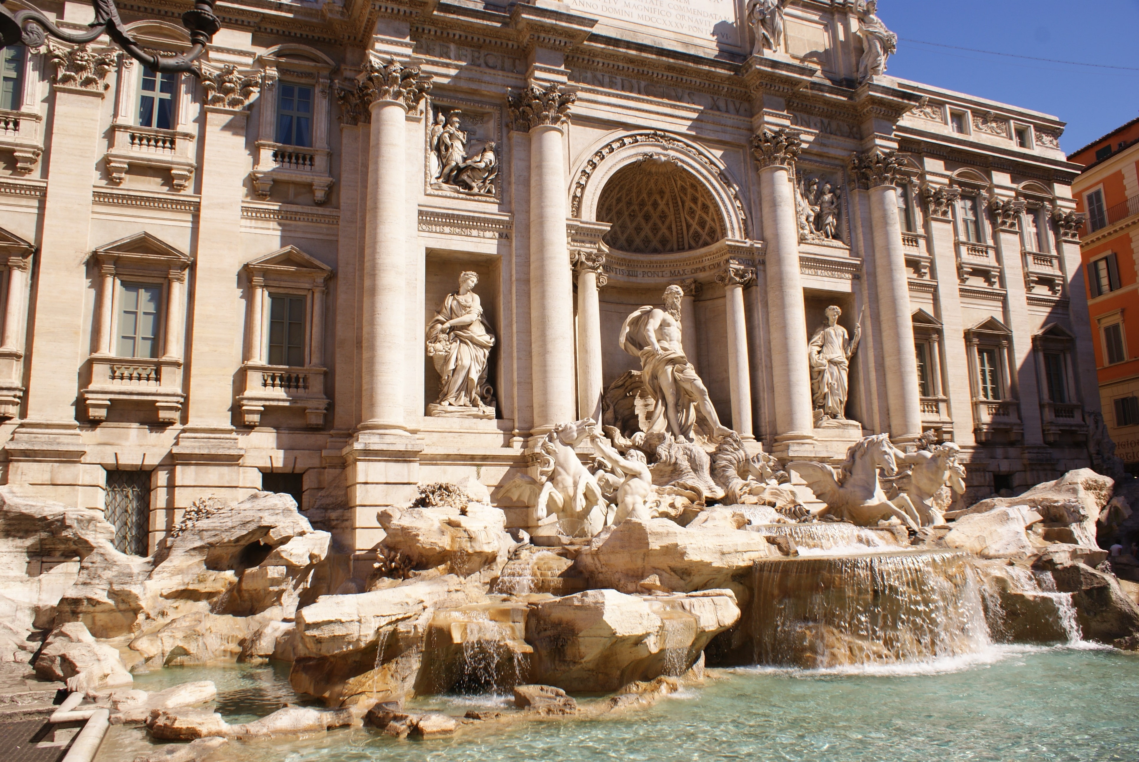 fountain, water, art and craft, sculpture, travel destinations, male likeness, Fontana di trevi, outdoors, built structure, architectural column, 4K, tourism, HD Wallpaper