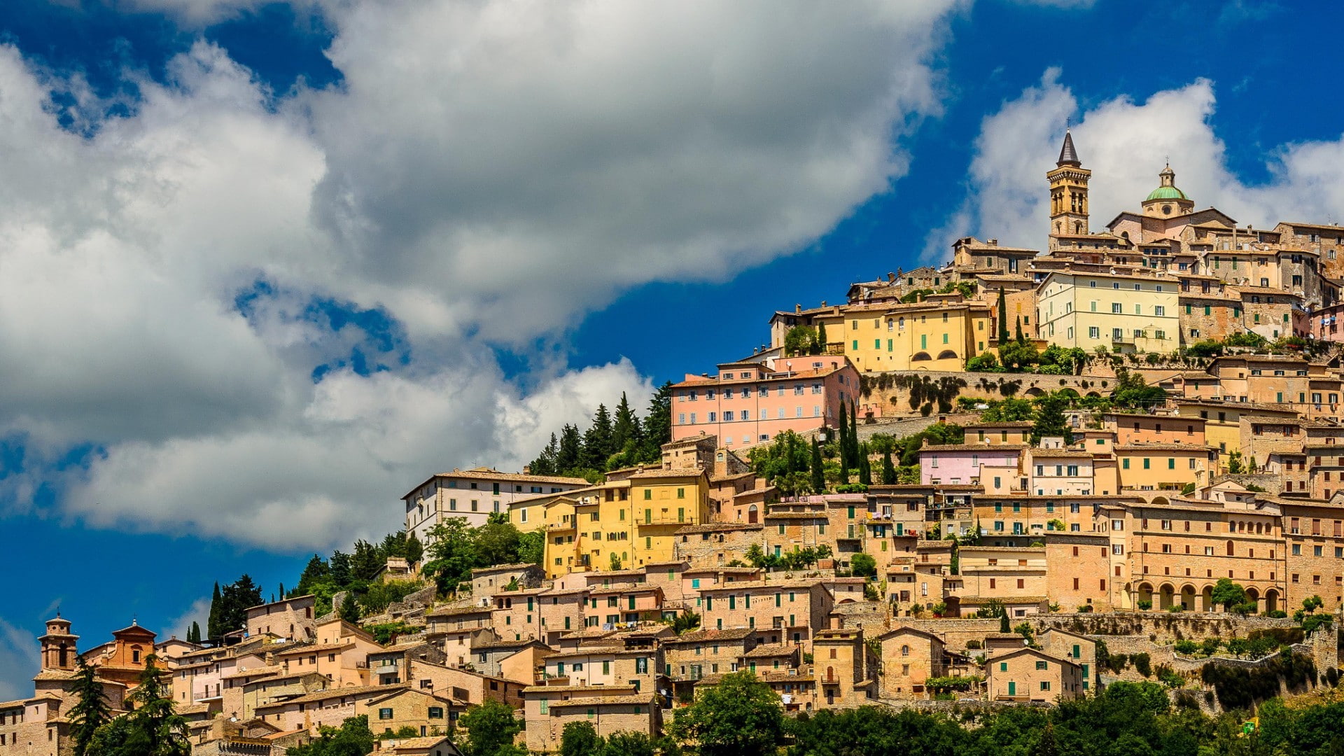 architecture, Trevi, town, 1080P, Italy, cityscape, HD Wallpaper