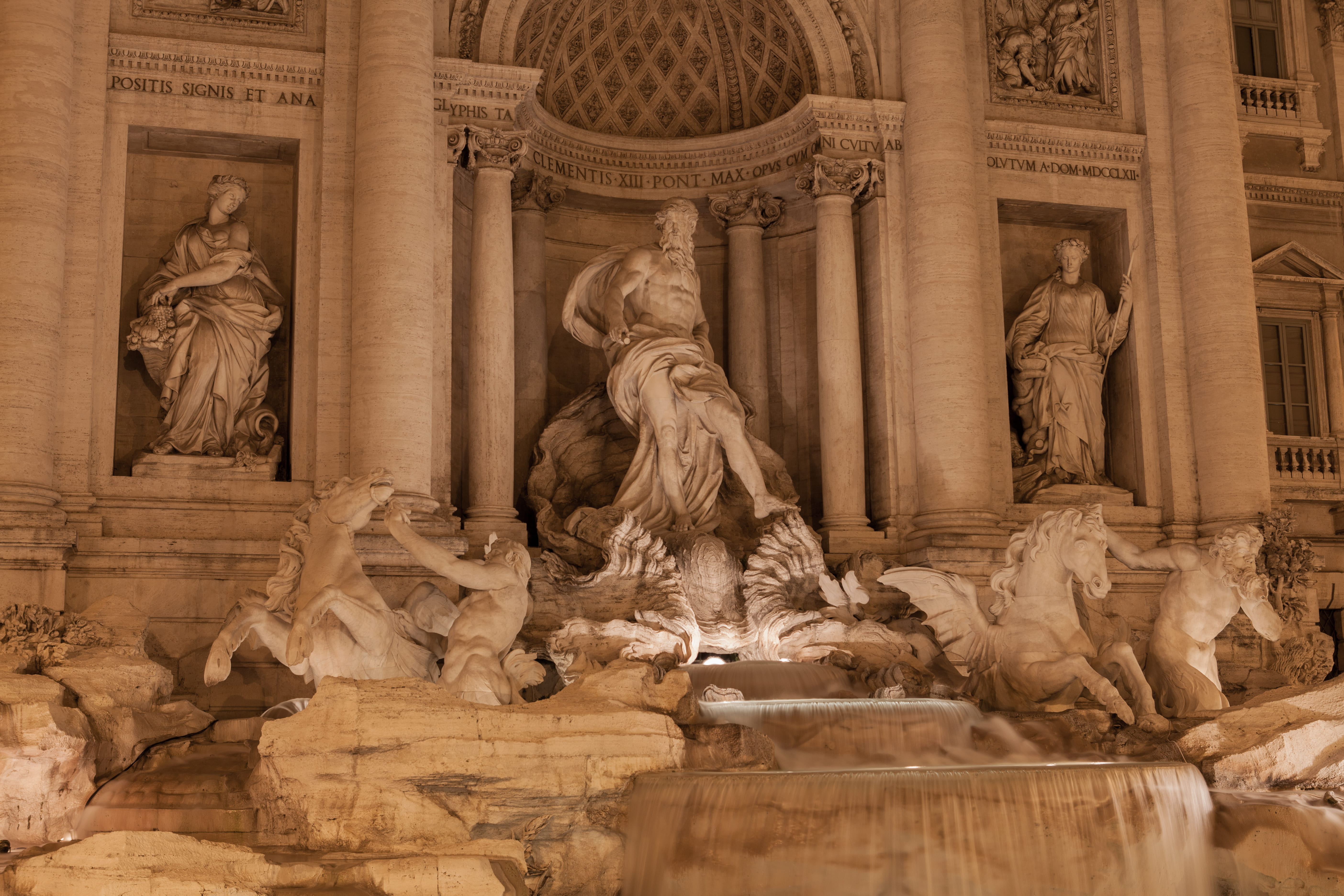 ornate, tourism, baroque, trevi, rome, built structure, facade, building exterior, travel destinations, roman god, representation, rock work, male likeness, HD Wallpaper