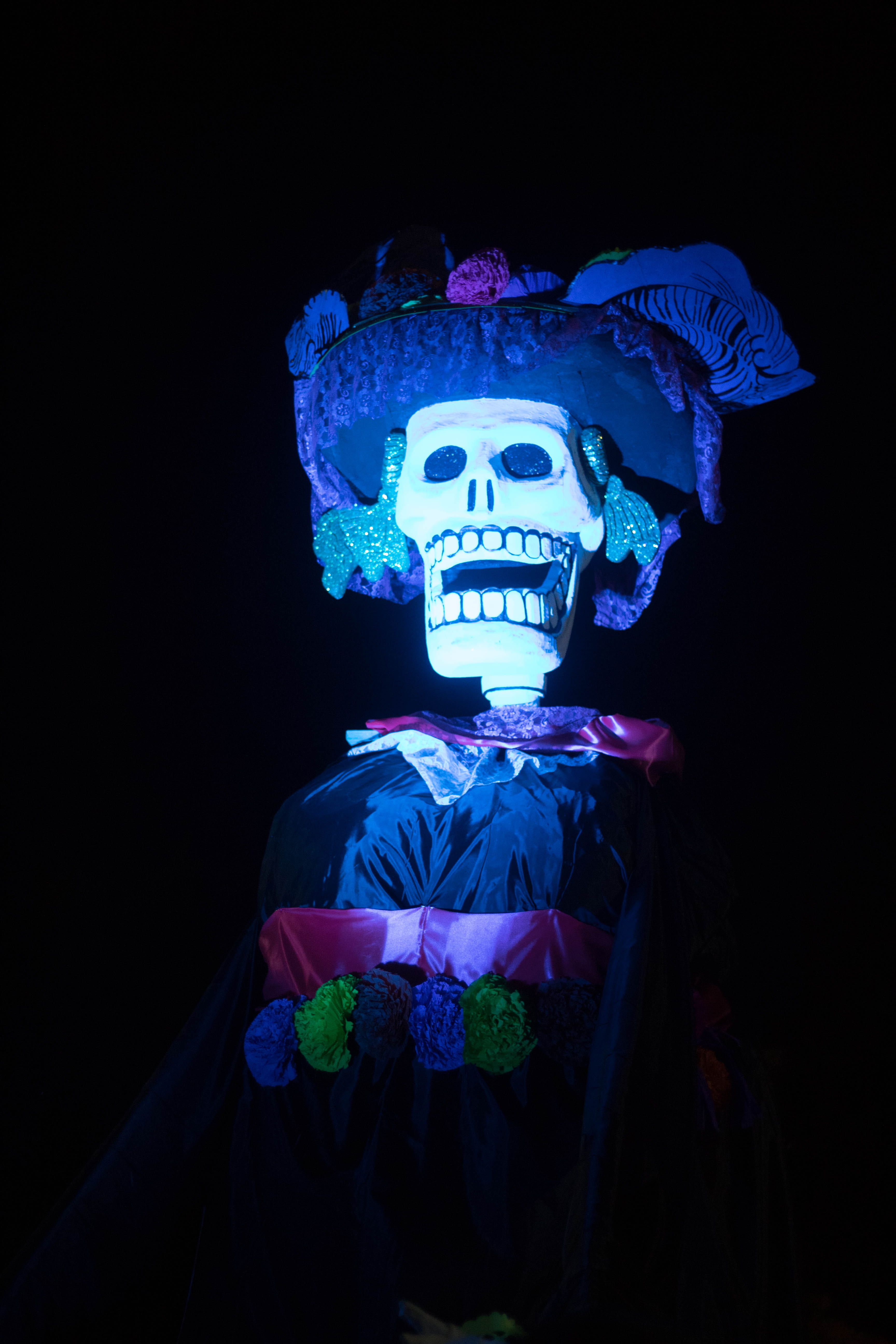 blue, representation, illuminated, catrina, indoors, creativity, méxico, human representation, día de muertos, spooky, night, tradiciones, dark, azul, studio shot, Phone HD Wallpaper