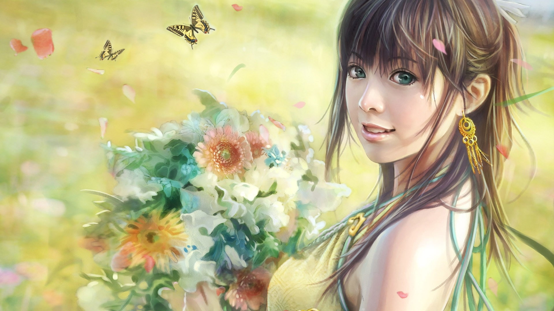 face, art, spring, women, butterflies, asians, 1080P, hair, long hair, smiling, hd, smiley, Flowers, brunettes, fantasy, animals, artwork, long, HD Wallpaper
