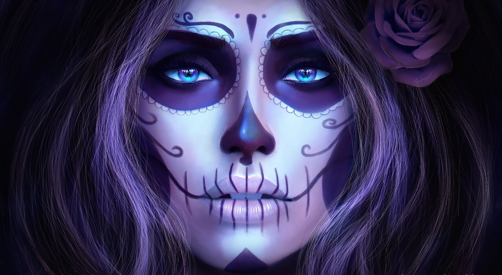 girl, black background, portrait, beauty, indoors, Artistic, muertas, digital, studio shot, purple, mouth open, front view, 1080P, hairstyle, HD Wallpaper
