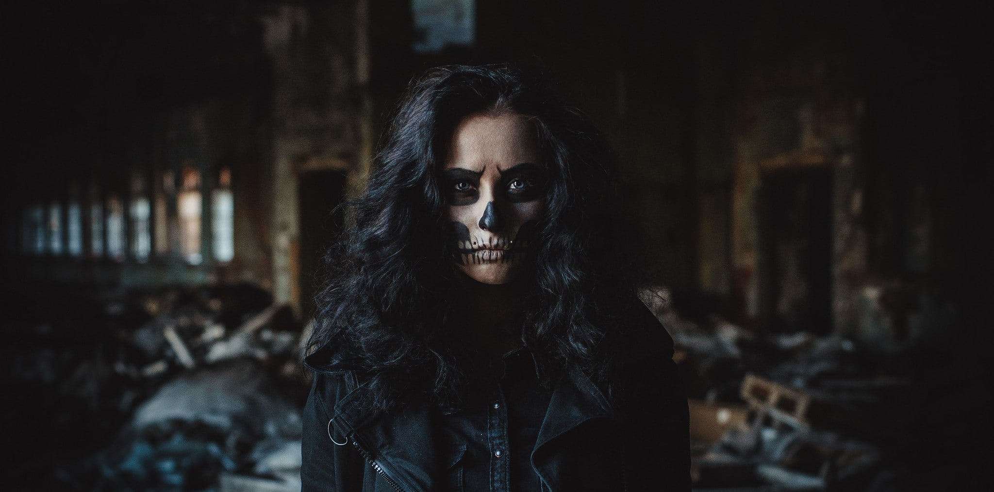 piercing, face paint, black hair, 1080P, looking at viewer, women, Dia de los Muertos, Sugar Skull, jacket, HD Wallpaper