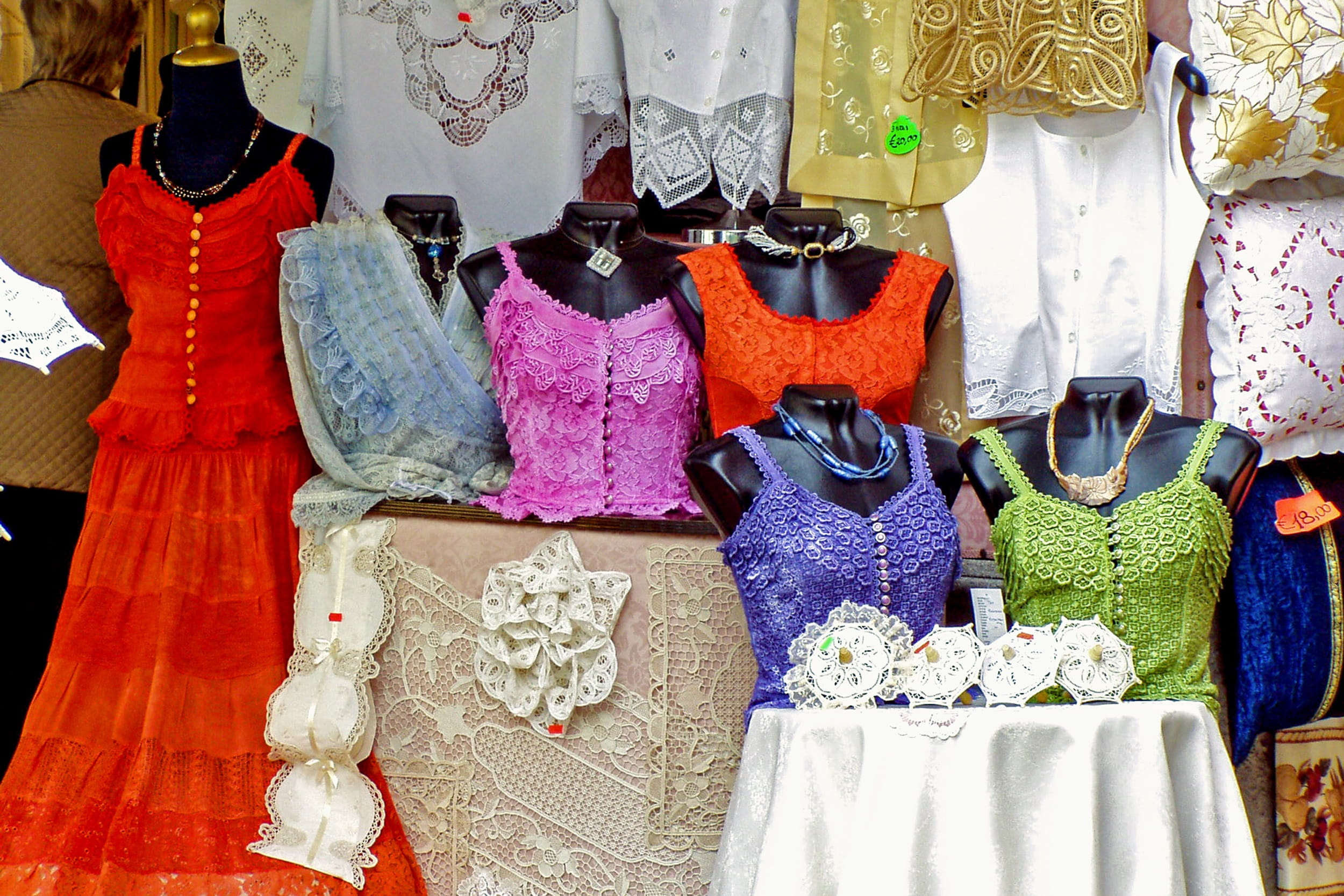 hanging, sale, womenswear, textile, Lace, variation, Handicraft, retail, in a row, colors, Burano, retail display, trine, multi colored, no people, italy, HD Wallpaper
