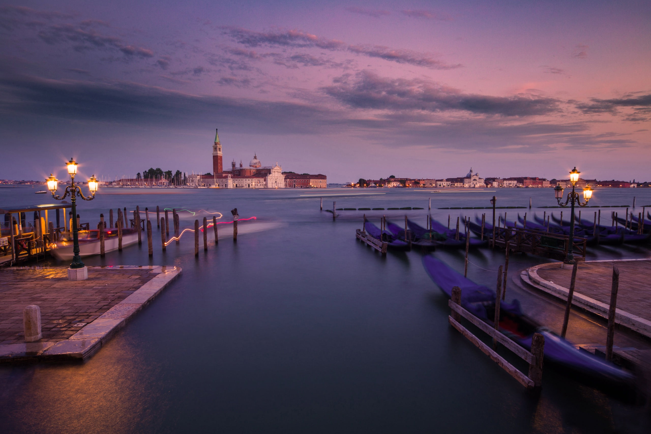 lights, no people, built structure, Venetian Lagoon, San Giorgio Maggiore, Laguna, the evening, building, canal, travel destinations, purple, 2K, dusk, HD Wallpaper
