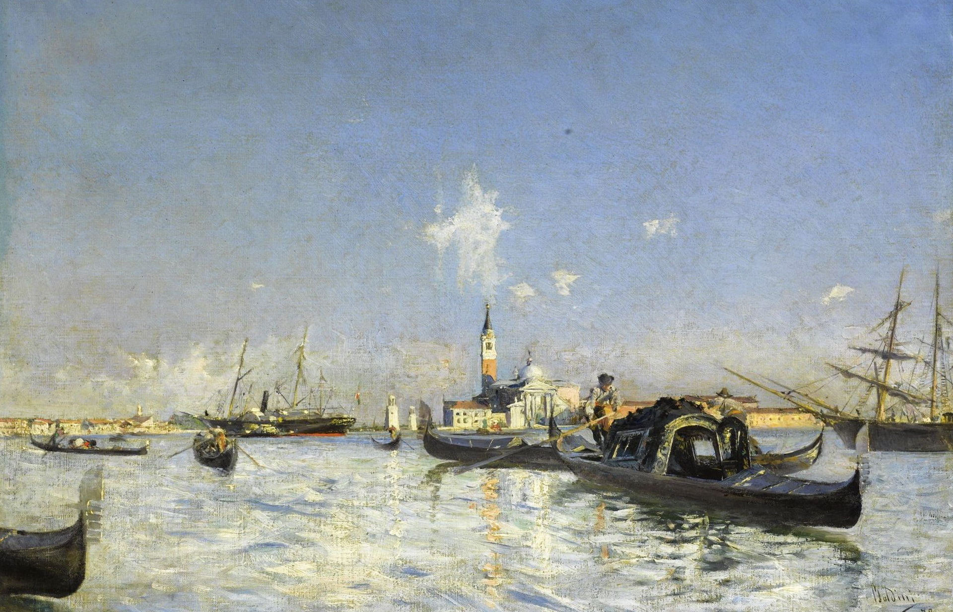 seascape, the bell tower, Giovanni Boldini, 1080P, boat, ship, The island of San Giorgio in Venice, gondola, picture, HD Wallpaper