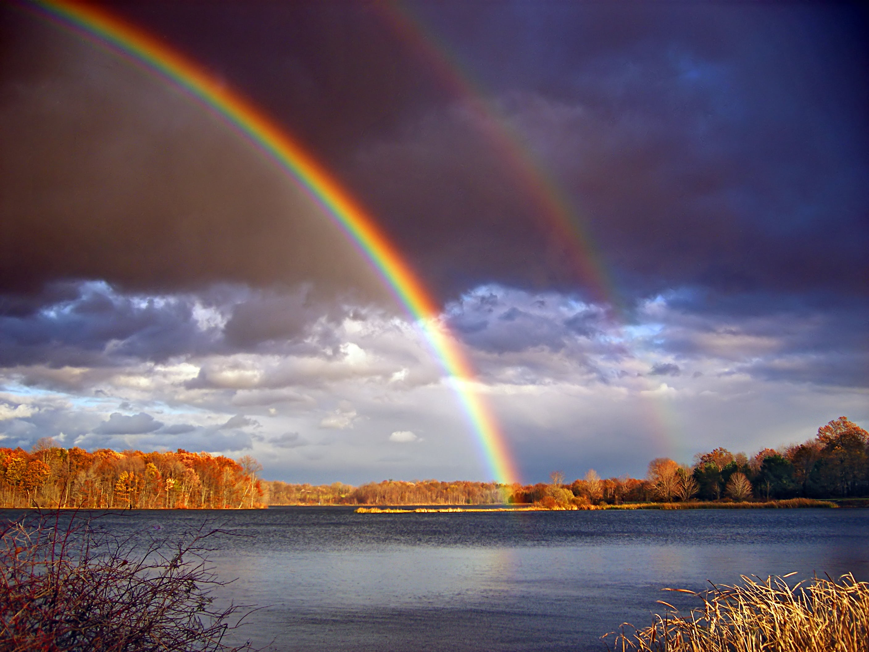 outdoors, scenics, Double, Lehigh Valley, Northampton County, sunset, autumn, clouds, 2K, Wilderness Area, body, rainbows, body of water, Minsi Lake, rainbow, HD Wallpaper