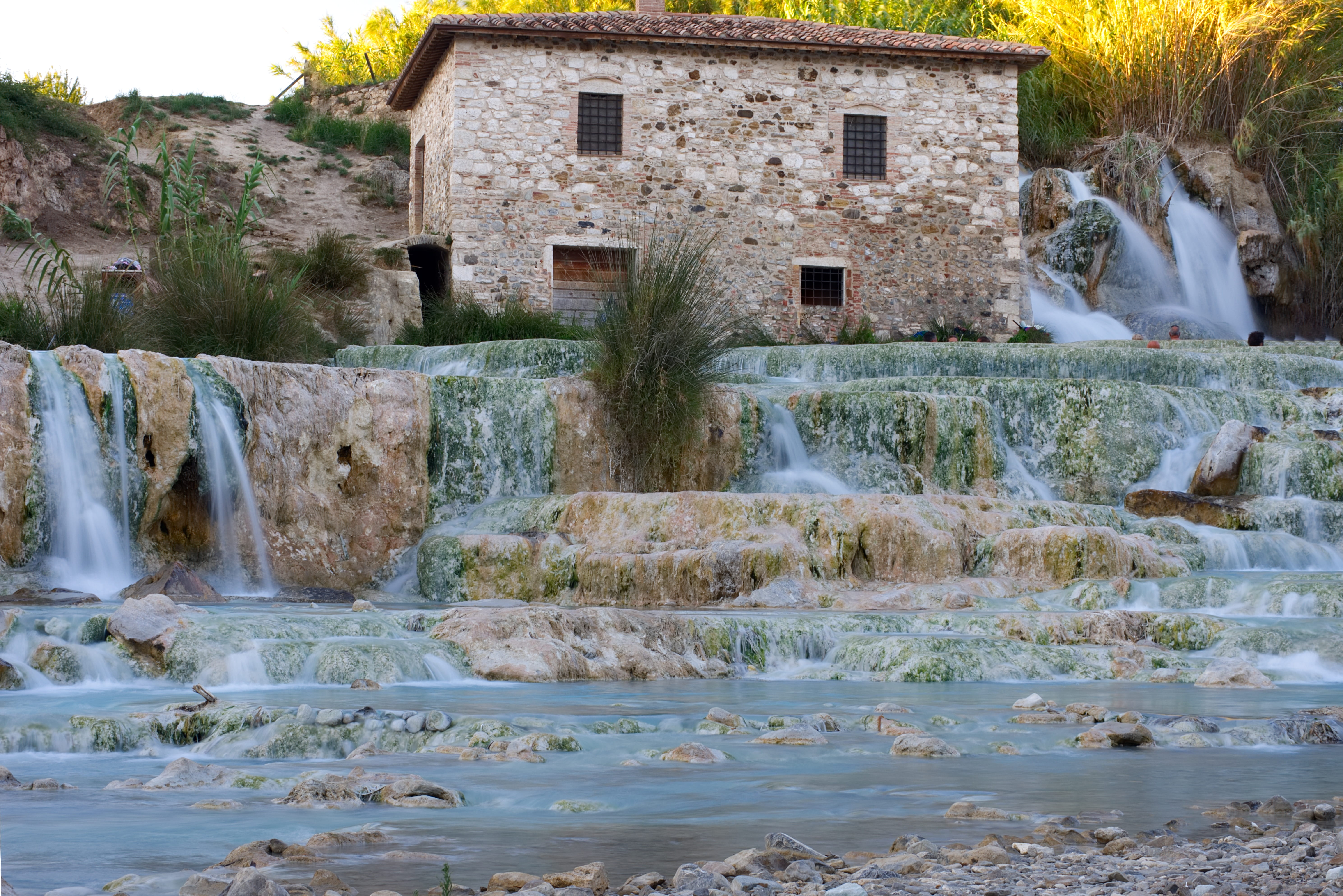 season, house, terme, 5K, built structure, outdoors, italy, natural, summer, maremma, flowing, solid, motion, plant, building, bella, water, rock, saturnia, HD Wallpaper