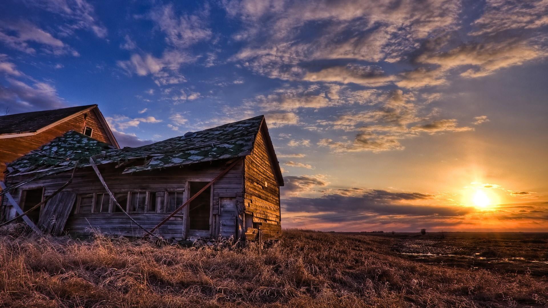 architecture, plant, field, agricultural building, no people, sunray, house, beauty in nature, wood - material, building, built structure, ruined, cottage, HD Wallpaper