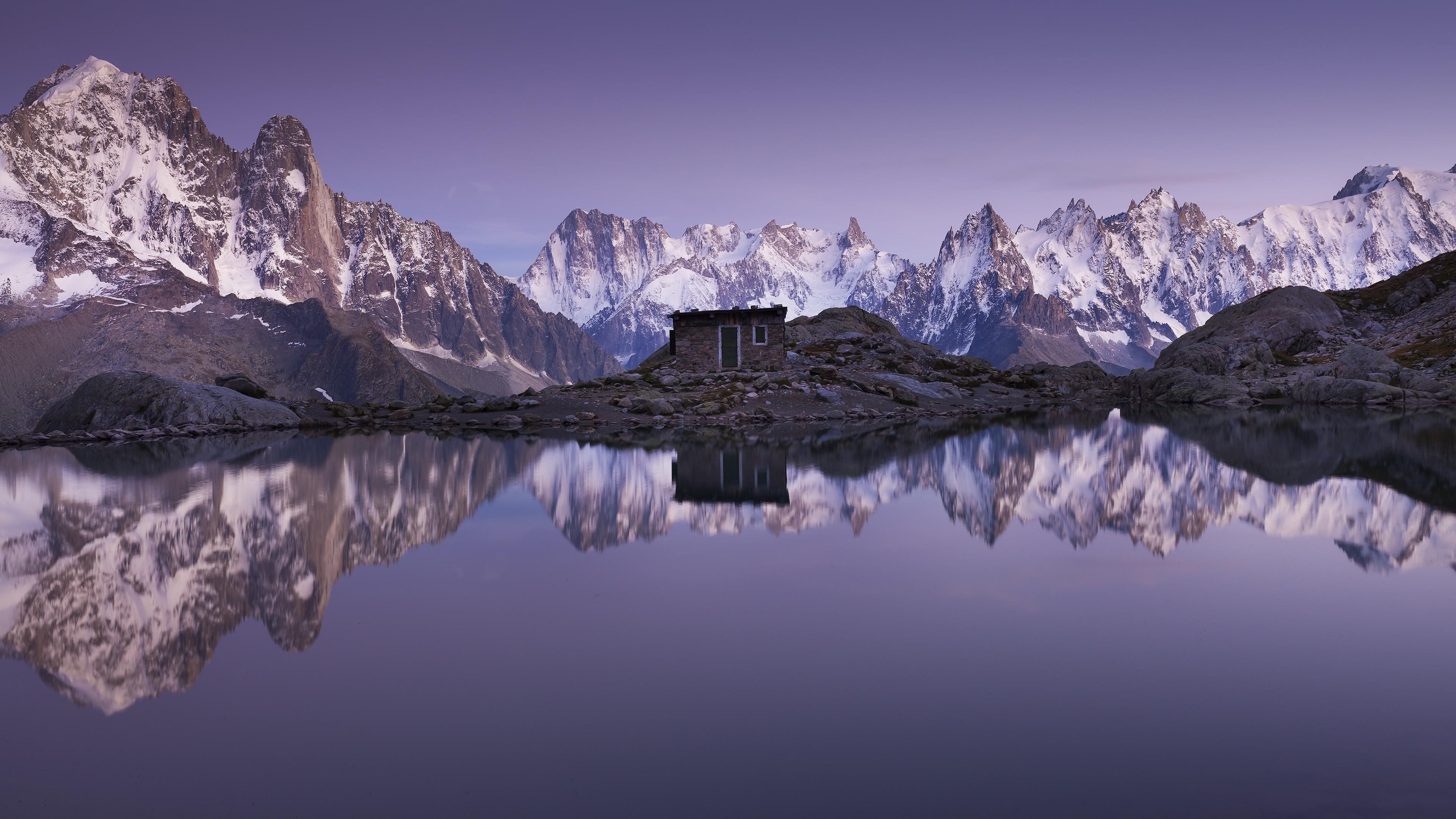 reflections, mountains, lake, shanty, reflected, calm, 4K, snowy, HD Wallpaper