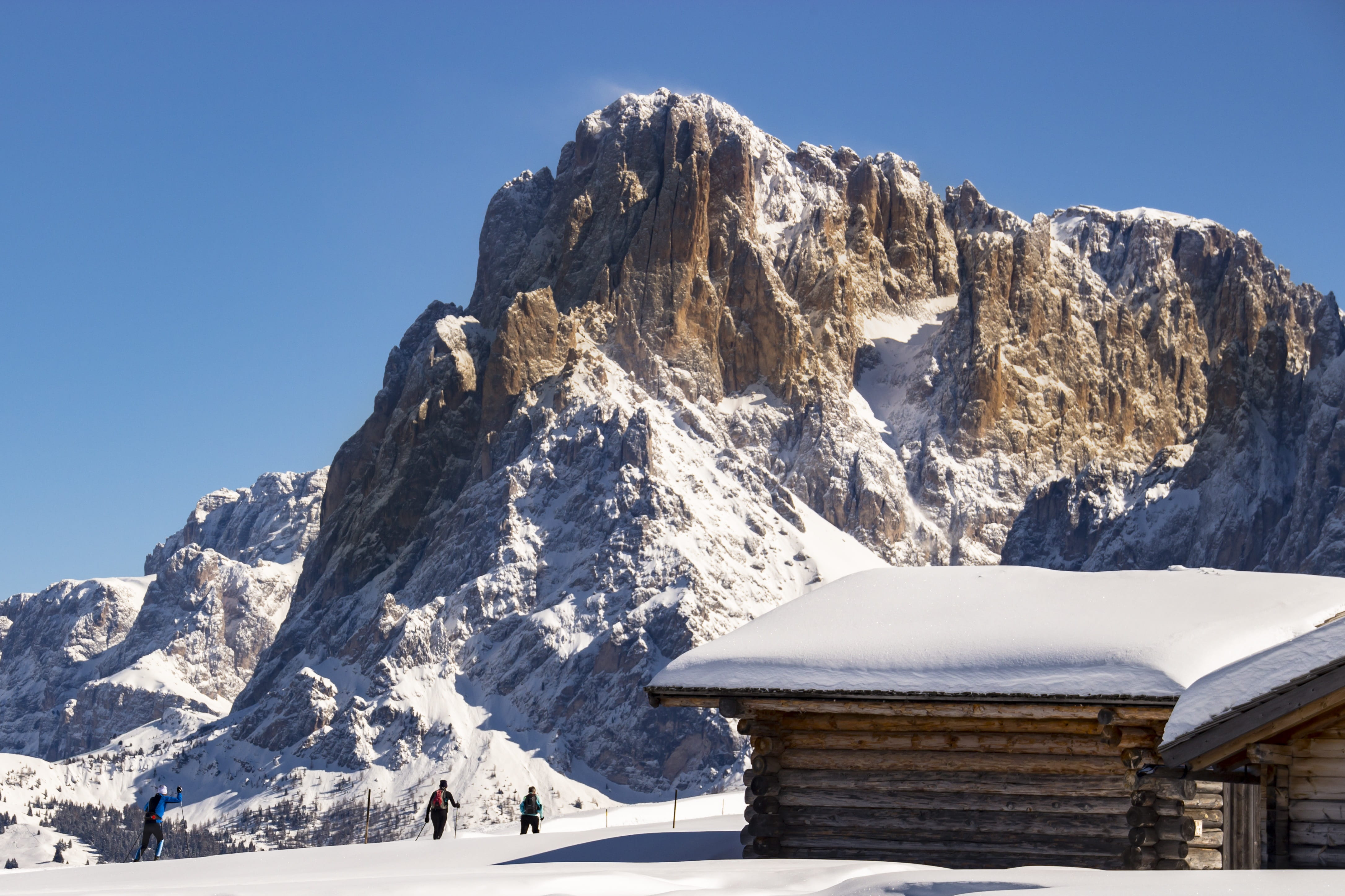 brown, day, near, building, south tyrol, filled, scenics - nature, snowcapped mountain, winter sports, building exterior, sunlight, mountain range, hut, HD Wallpaper