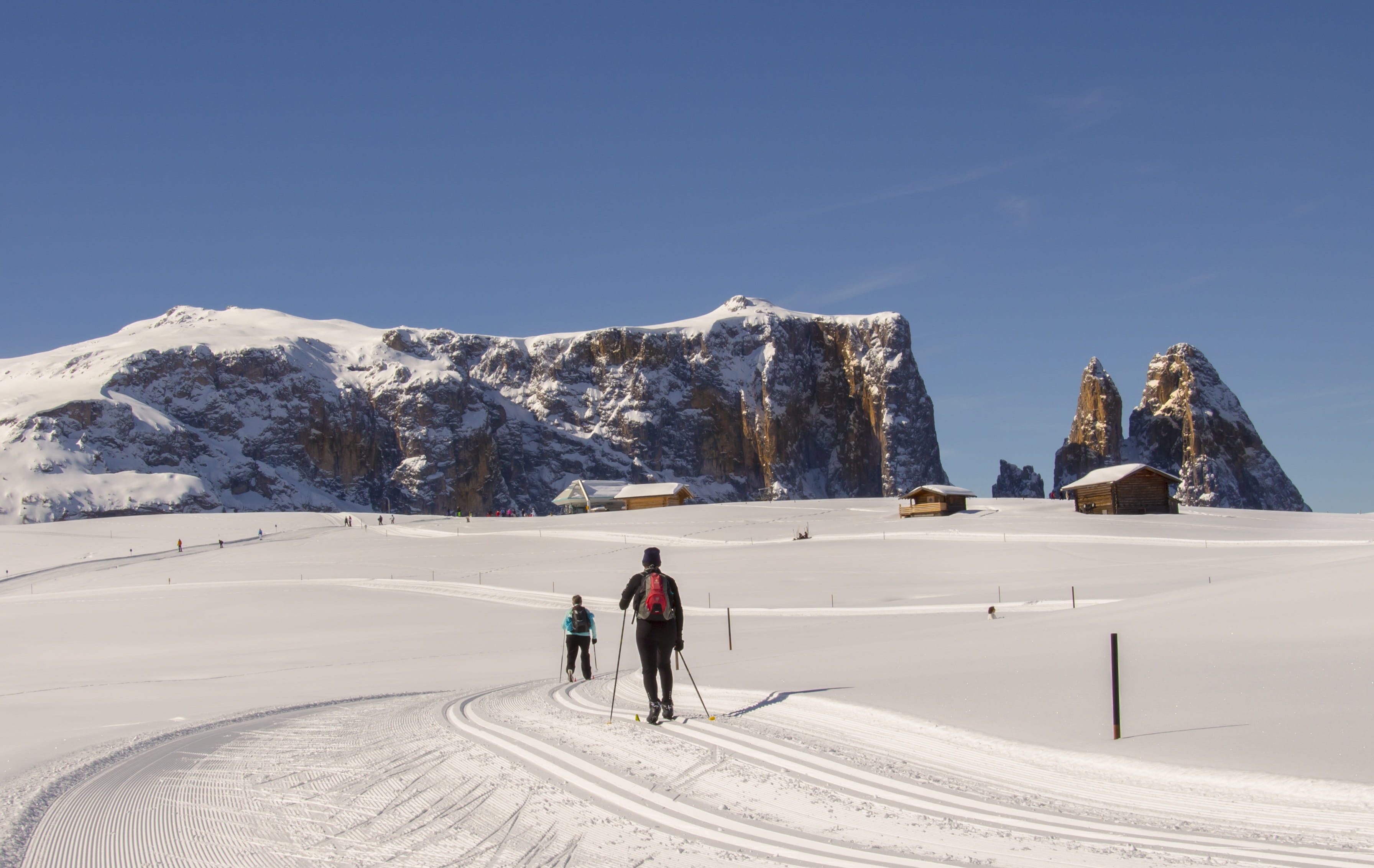 snowcapped mountain, dolomites, blue, winter, lifestyles, seiser alm, mountain range, nature, classic, real people, snow, mountain, santner peak, 2K, full length, HD Wallpaper