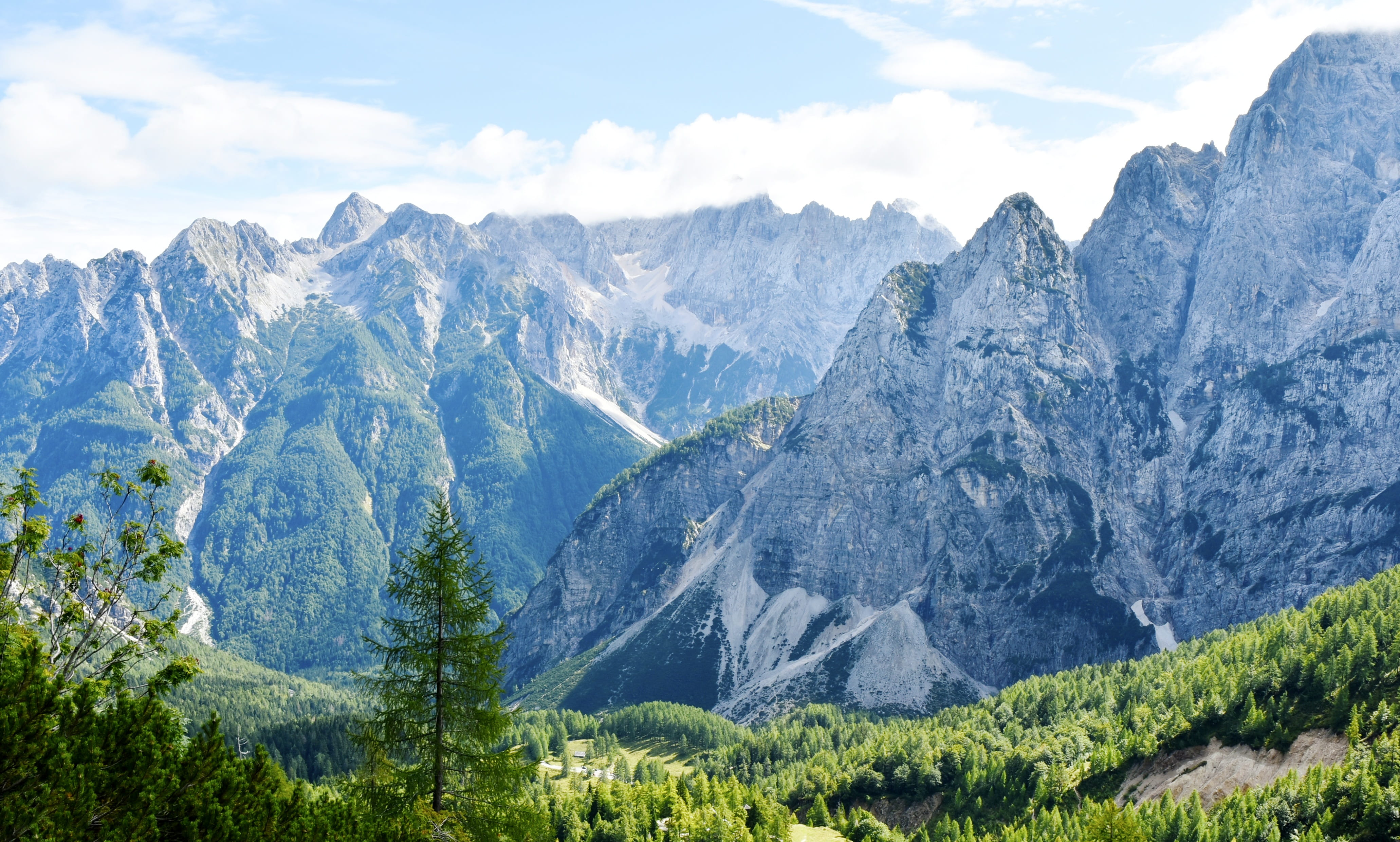 hiking, slovenia, beauty in nature, alps, mountain range, solid, trekking, idyllic, cloud - sky, travel, tree, vacations, 4K, julian alps, environment, HD Wallpaper
