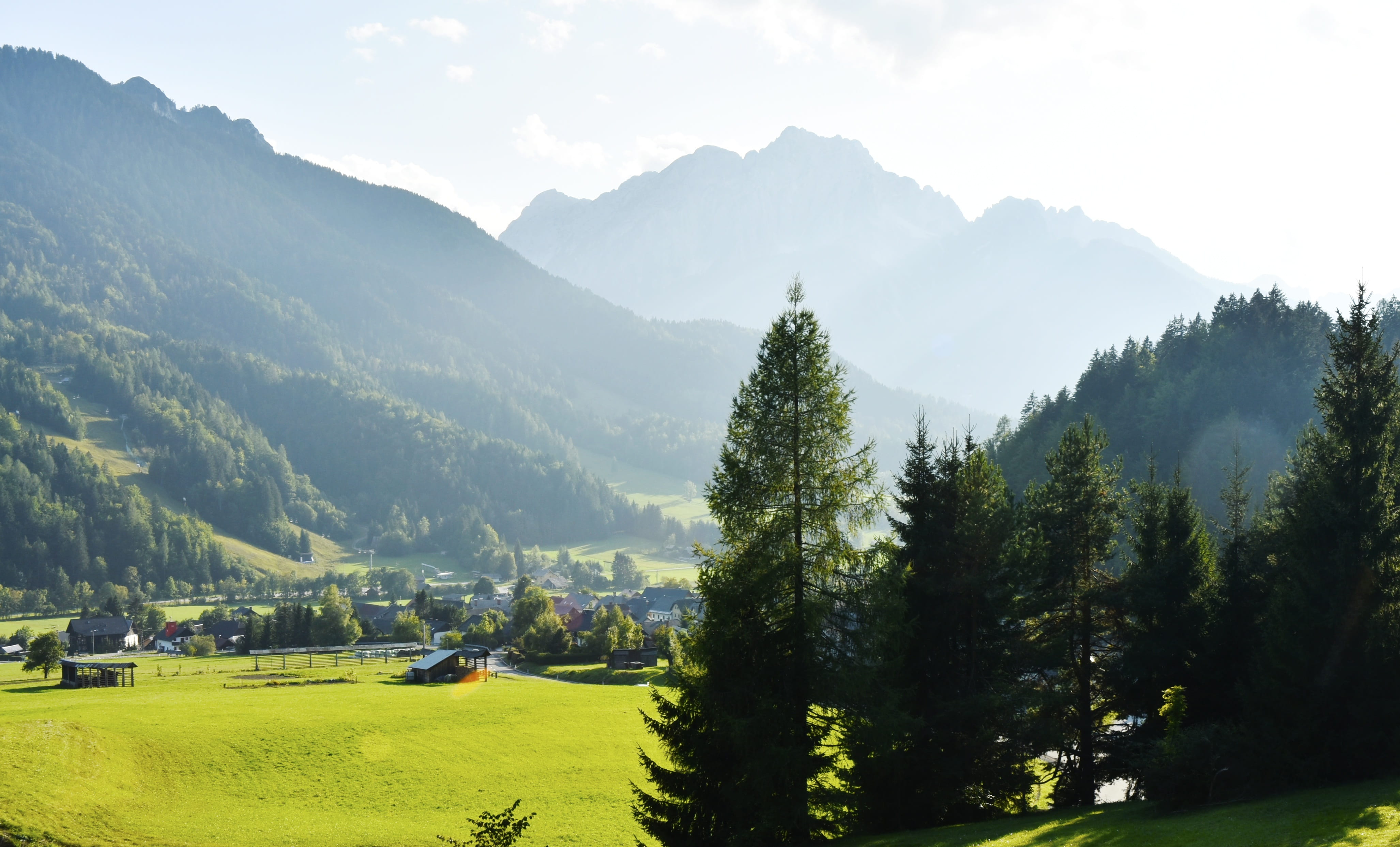 slovenia, sky, mountains, julian alps, mountain valley, scenery, fog, tranquil scene, non-urban scene, mountain village, outdoors, day, sunlight, idyllic, HD Wallpaper