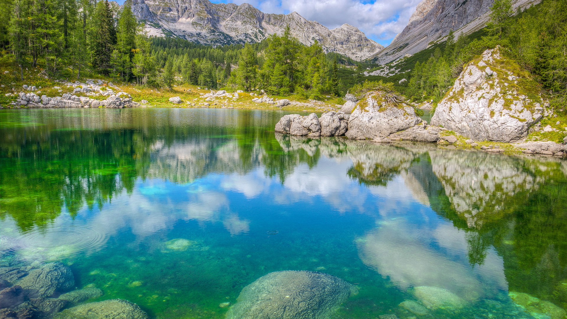 stones, mountains, landscape, 1080P, lake, slovenia, hd, alps, julian, forest, HD Wallpaper