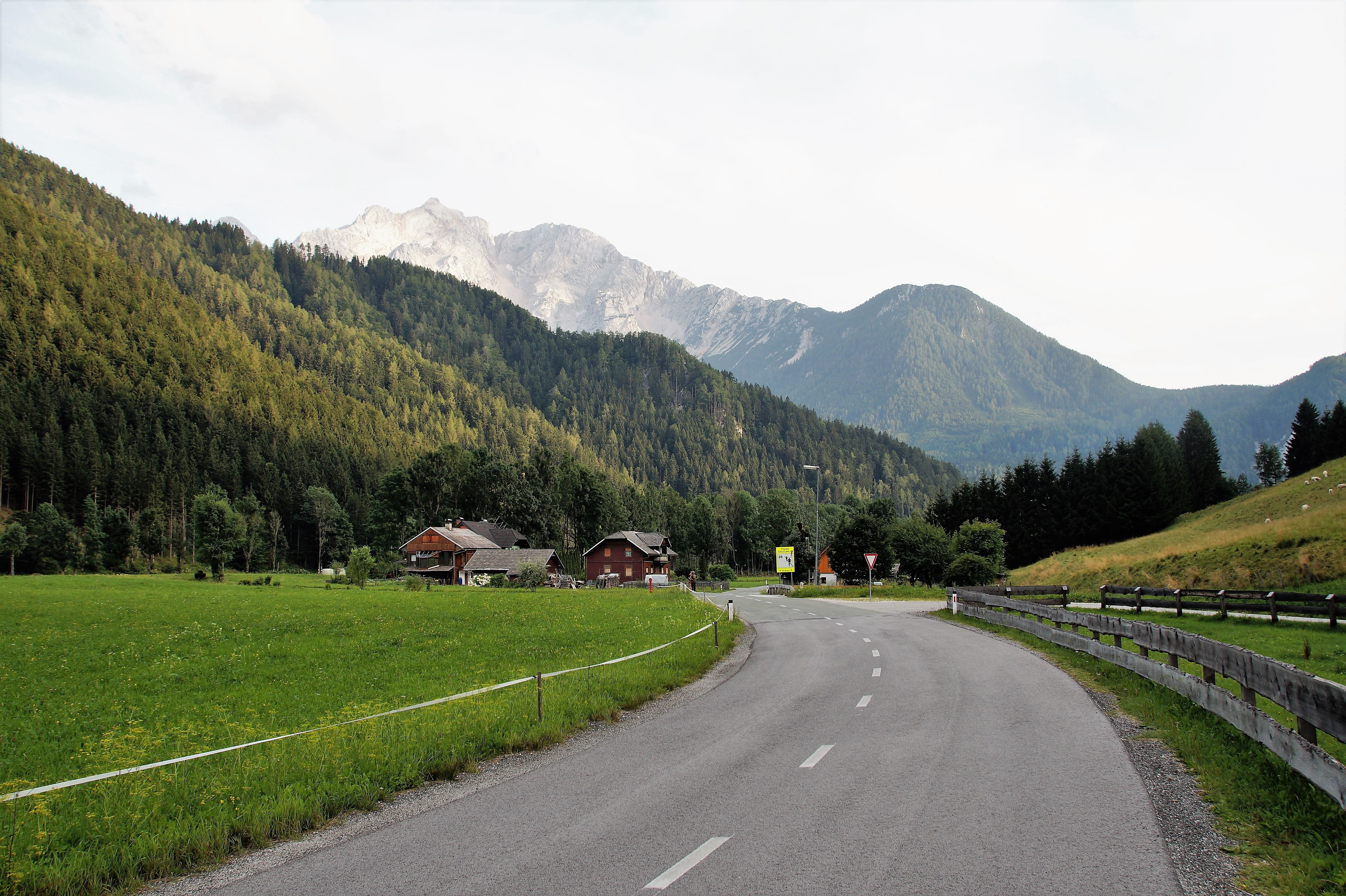 mountains, building, outdoors, tourism, 5K, land, architecture, the tourist area, tree, summer, sky, the way forward, jezersko, mountain road, slovenia, HD Wallpaper