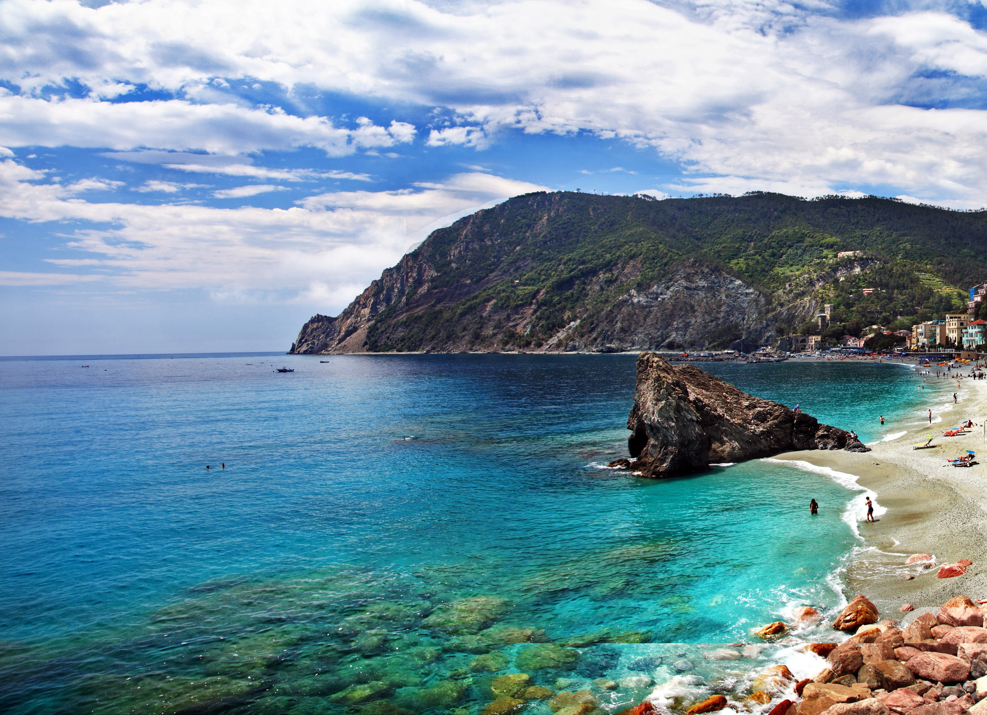 mountains, beach, Italy, 2K, photo, rocks, Liguria, seashore, sea, coast, HD Wallpaper