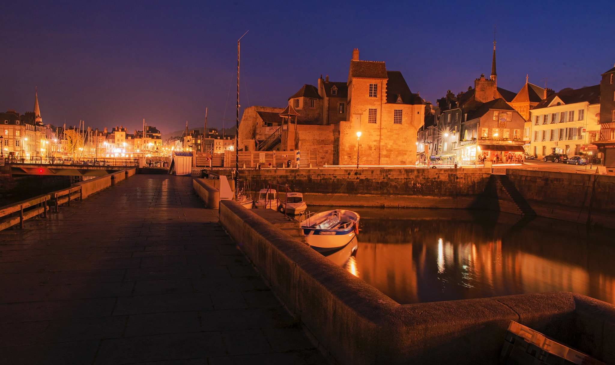channel, night, bridge, river, home, 1080P, lights, Honfleur, boats, France, HD Wallpaper