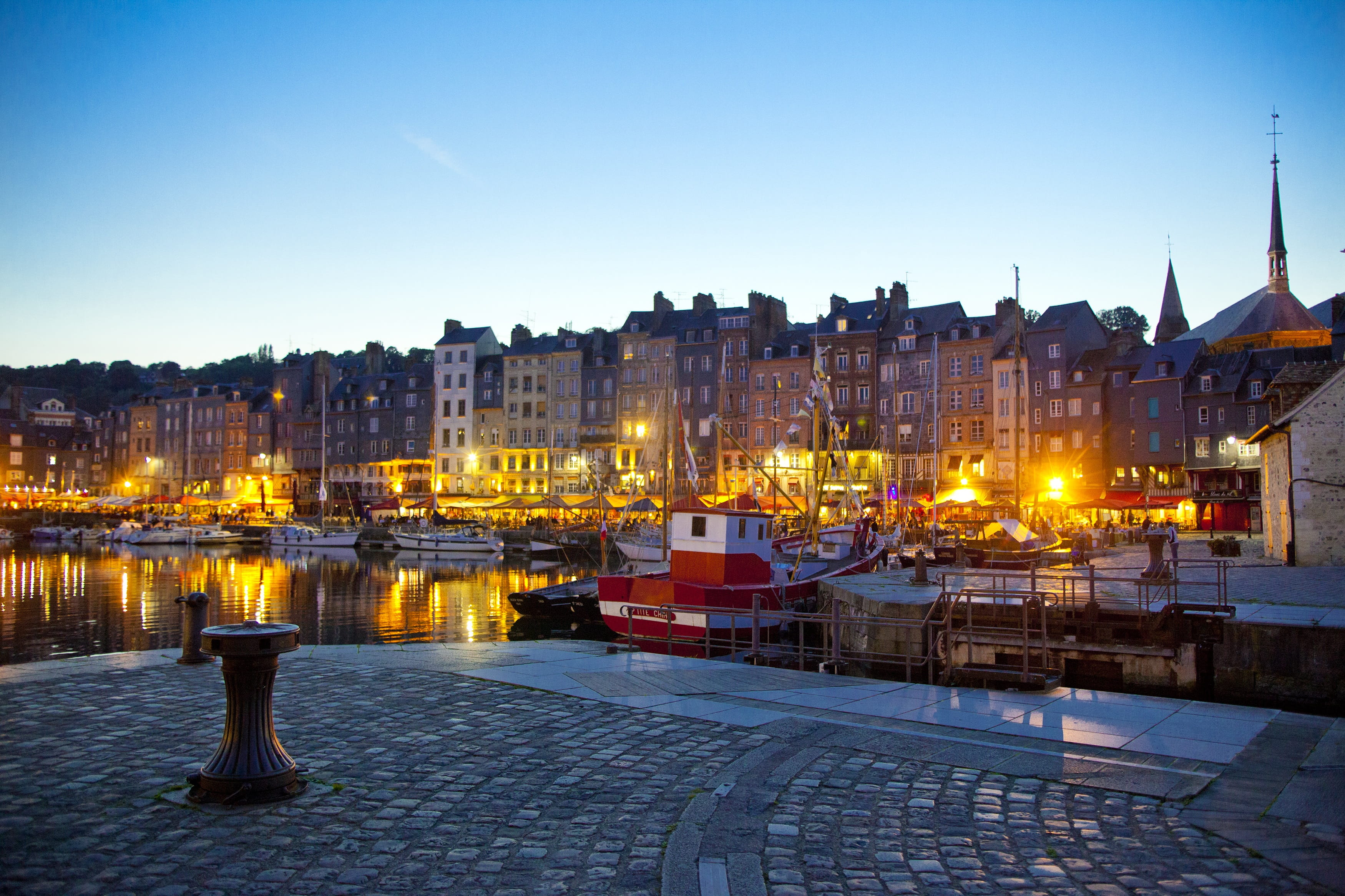 city, clear sky, travel, 2K, architecture, dock, building exterior, no people, paved, france, mode of transportation, water, night, built structure, illuminated, HD Wallpaper