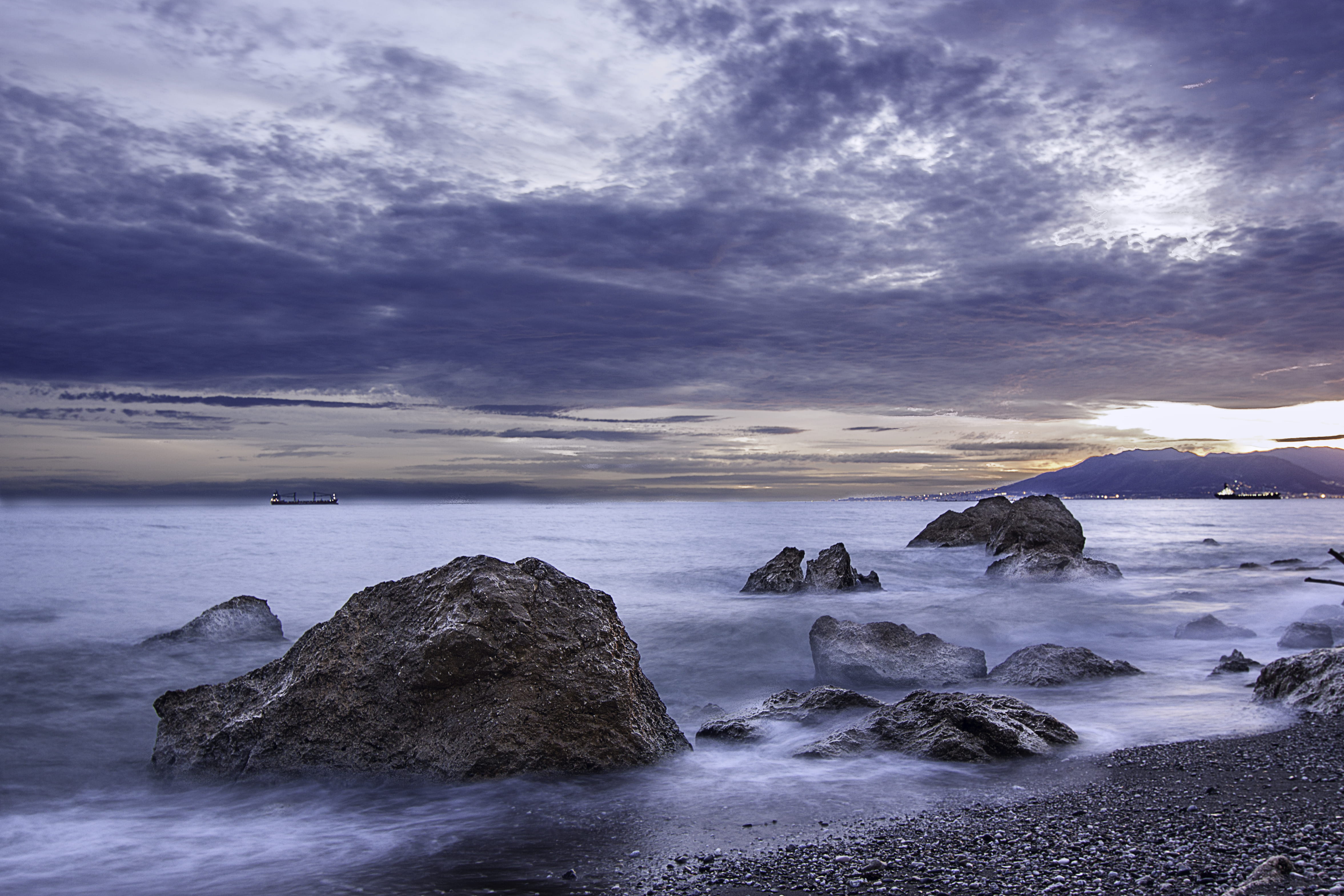 sea, 4K, water, málaga, long exposure, horizon over water, solid, motion, rock, horizon, agua, wave, rock - object, quino, beach, nubes, mediterráneo, HD Wallpaper